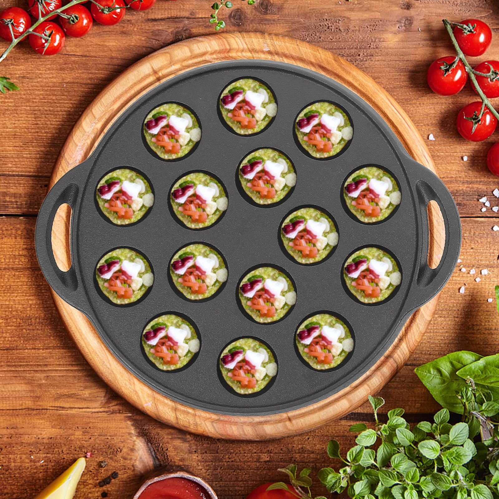Zerodeko Poêle à Frire en Fonte Épaisse Multifonction 15 Trous pour Escargots et Boulettes, Ustensile Cuisine Maison, 2 Fourchettes en Acier et Pinceau à Huile, Usage Couleur Aléatoire