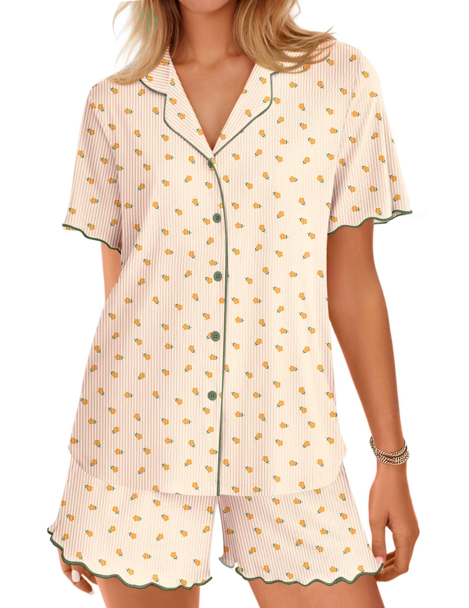 Ekouaer Button Up Pajamas Set for Women Short Sleeve Ribbed Knit Sleepwear 2 Piece Pjs Shorts Set