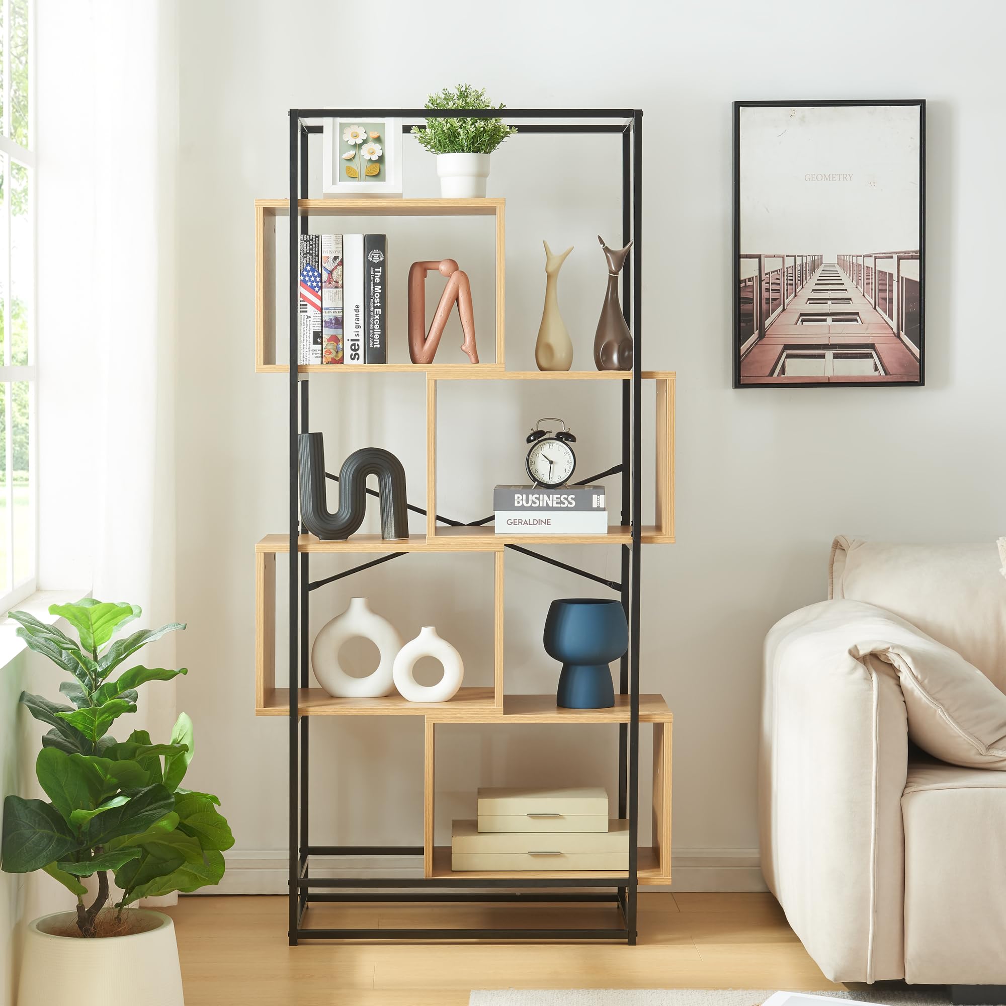 [en.casa] Librería de Salón Rennebu Estantería con 4 Compartimentos Abiertos para Despacho Oficina Sala de Estar Acero Aglomerado 160 x 80 x 33cm - Negro/Roble