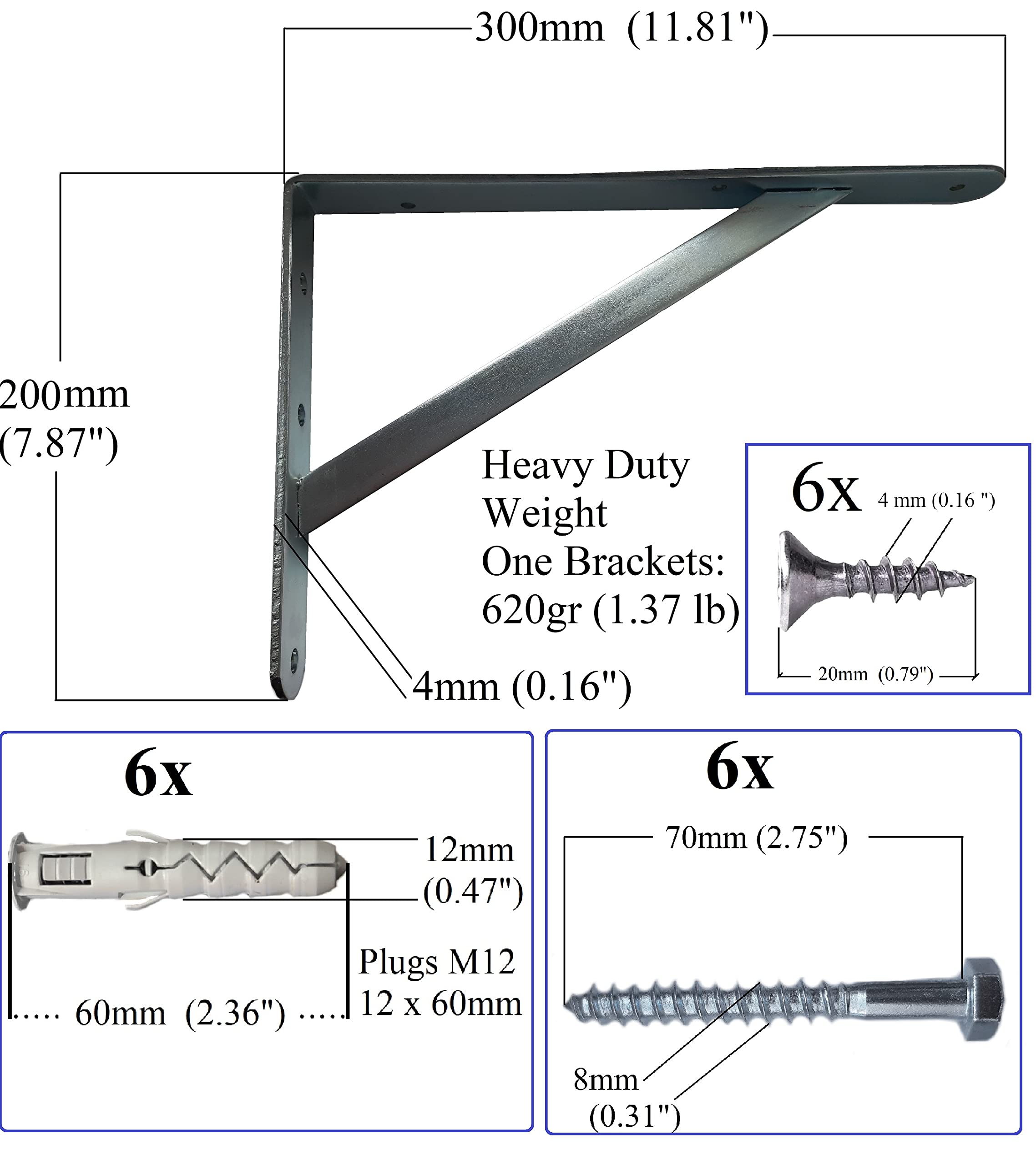 Shelf Bracket Heavy Duty 4mm Thick Galvanised Brackets for Shelves with Wall Mounted Screws M8 x 70mm - Image 2