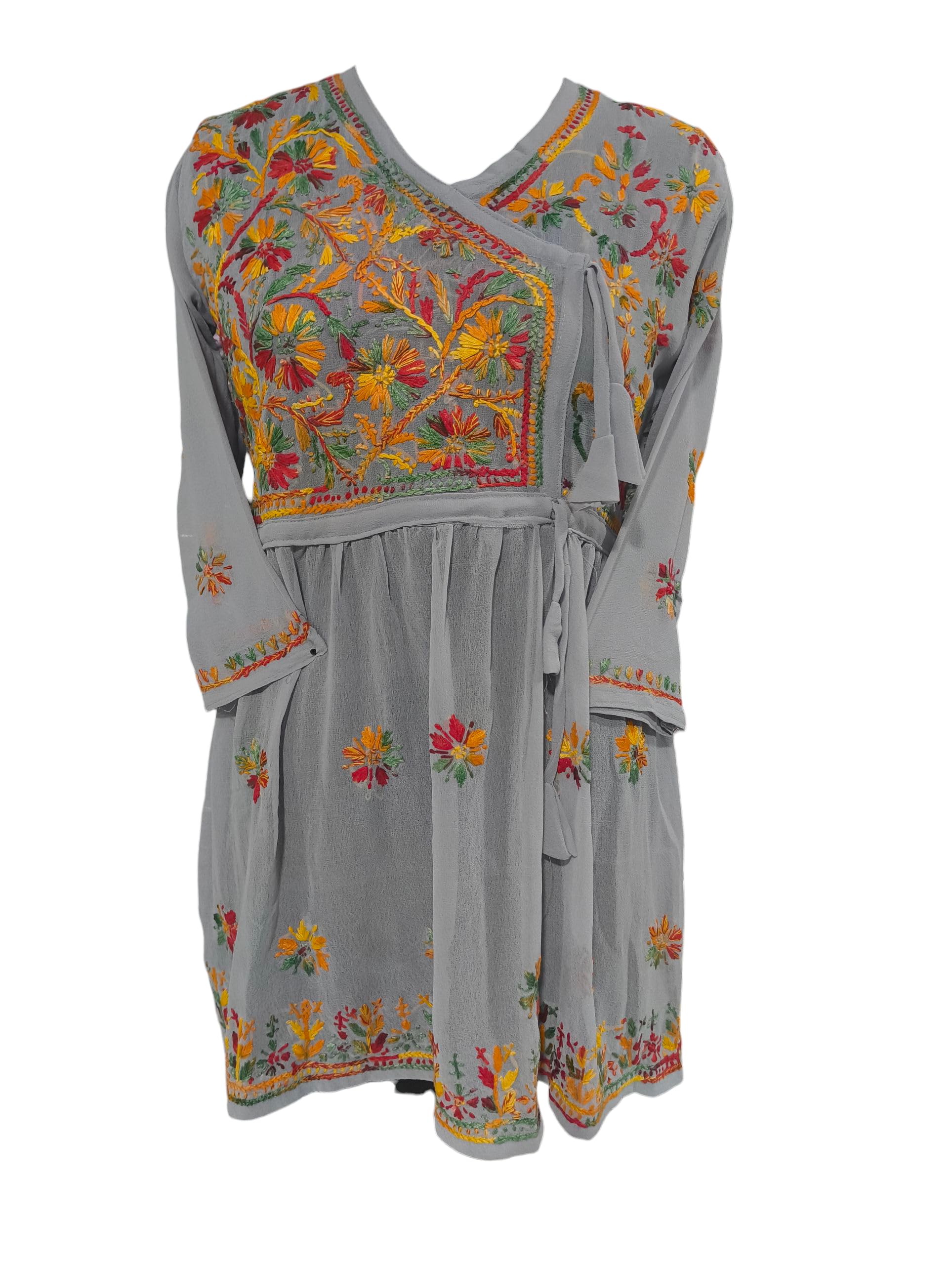 Women Fashion Lucknowi Chikankari Chiffon Fabric Handwork Multi Thread Design Short Frock for Girls. (in, Alpha, S, Regular, Grey)-picture-38