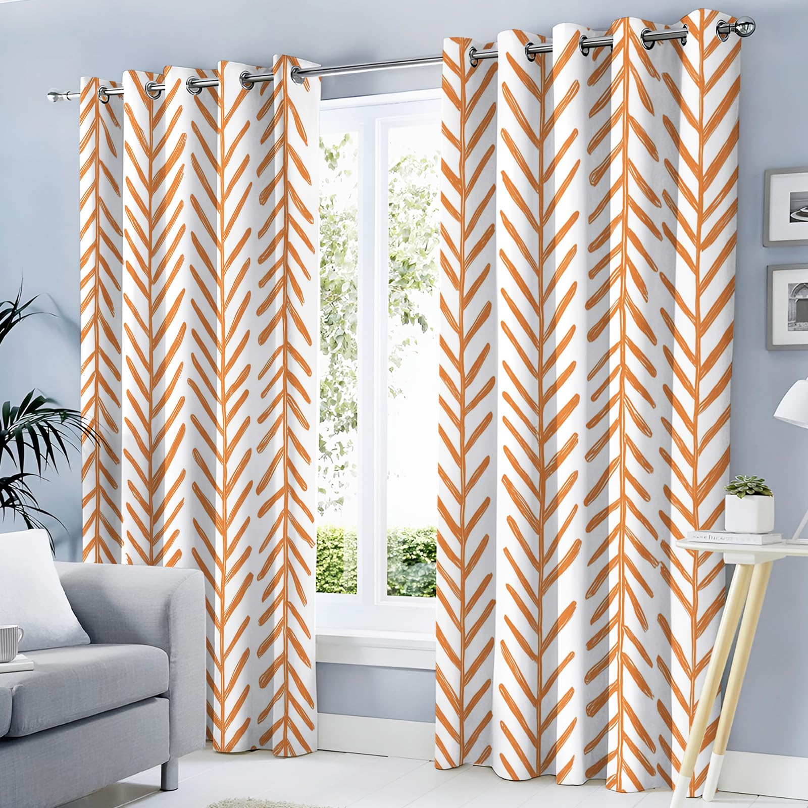 Rideau occultant thermique orange imprimé motif chevrons géométrique drapé fenêtres salon chambre