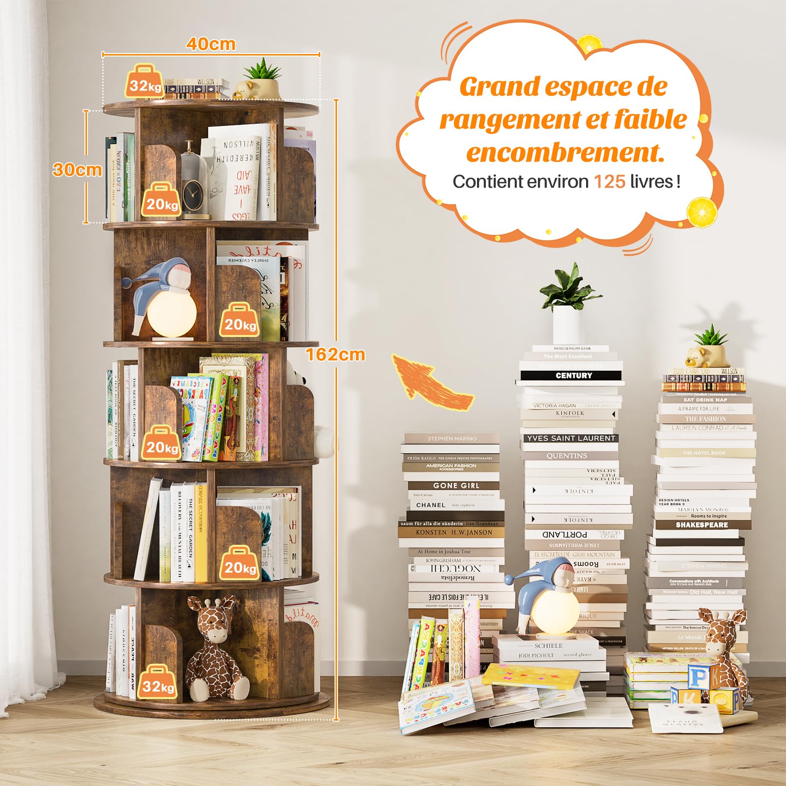 iSunirm Bibliothèque rotative à 5 Niveaux, Tour en Bois, bibliothèque Ronde pivotante à 360°, étagère étroite pivotante à roulettes, pour Chambre à Coucher, Bureau, Marron