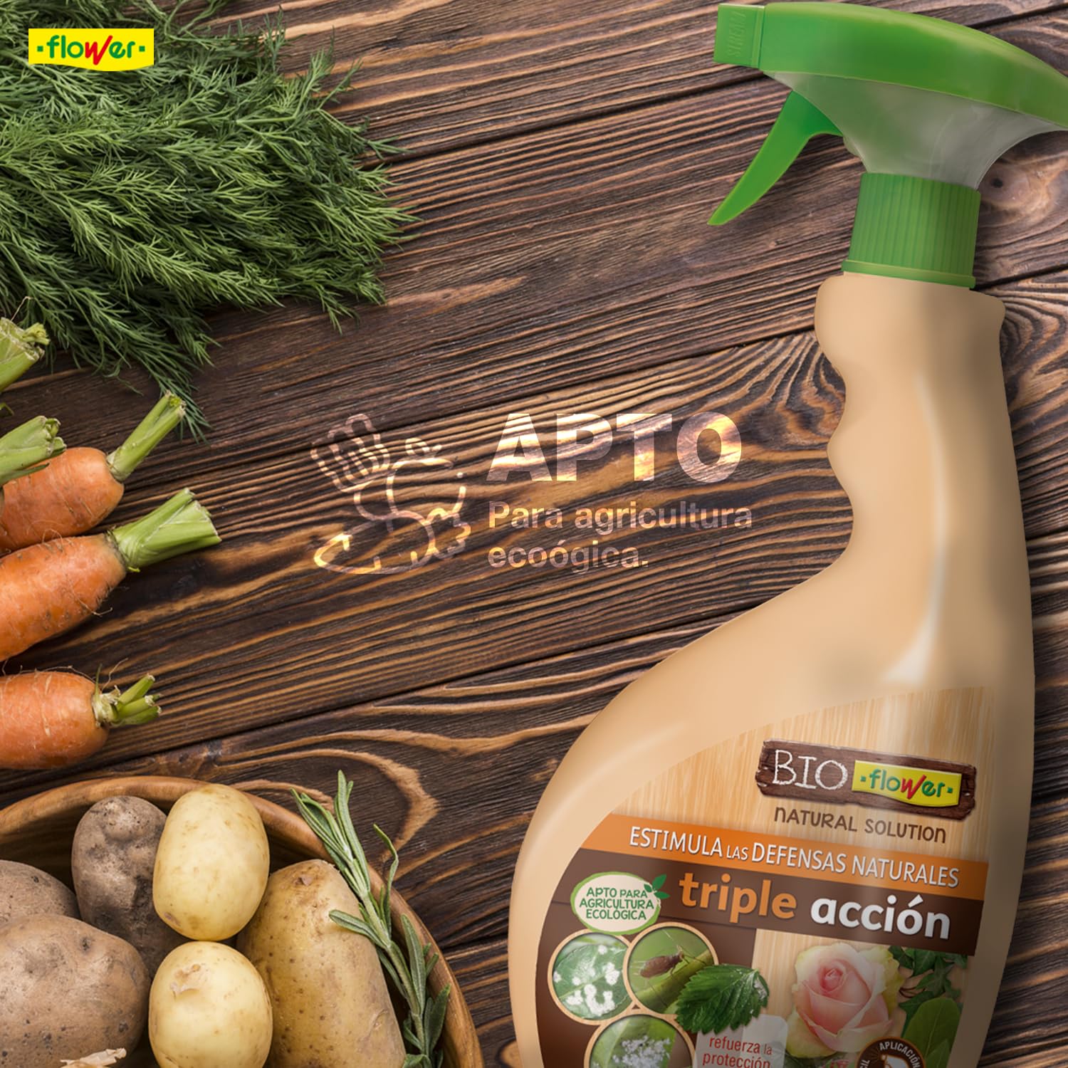 BioFlower - Triple Acción Ecológico 750 ml | Insecticida, Fungicida y Secante | Boro y Extractos Vegetales Biodegradables | Apto Agricultura Ecológica | Listo Para Usar