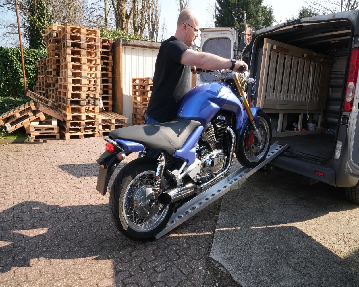 Auffahrrampe klappbar Alu 222cm bis 180kg, kompatibel mit Motorrad, Roller | Rutschfeste Laderampe mit Grip; Breite 16,5cm, gefaltet 117x16,5x10cm; kompatibel mit Moped, Mokick, ATV/Quad; Gewicht 7kg