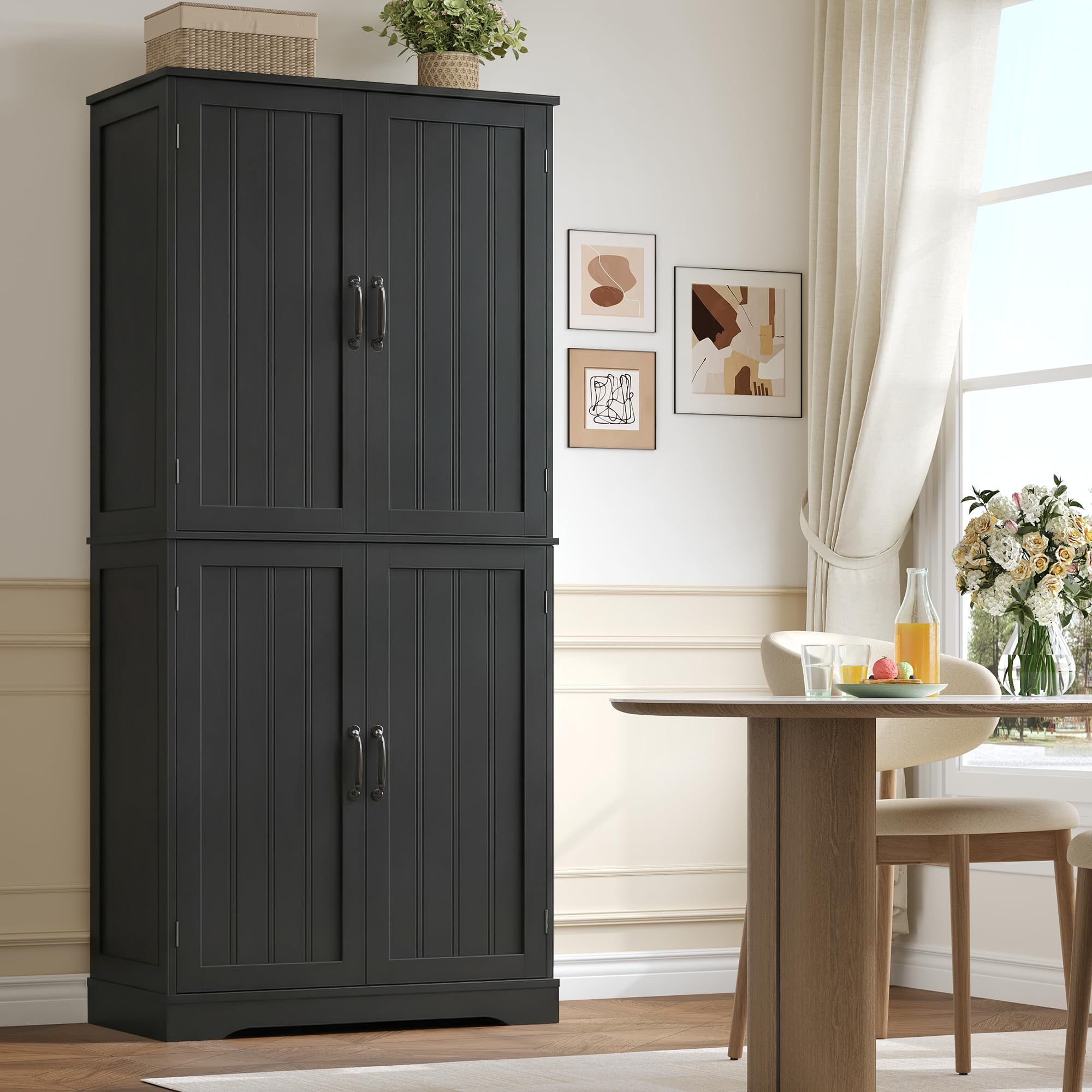 HOCSOK Pantry Cupboard, 180 cm Tall Kitchen Storage Cabinet with 4 Wooden Doors, Free Standing Kitchen Units, Larder Cupboard for living room, Dining Room, Modern