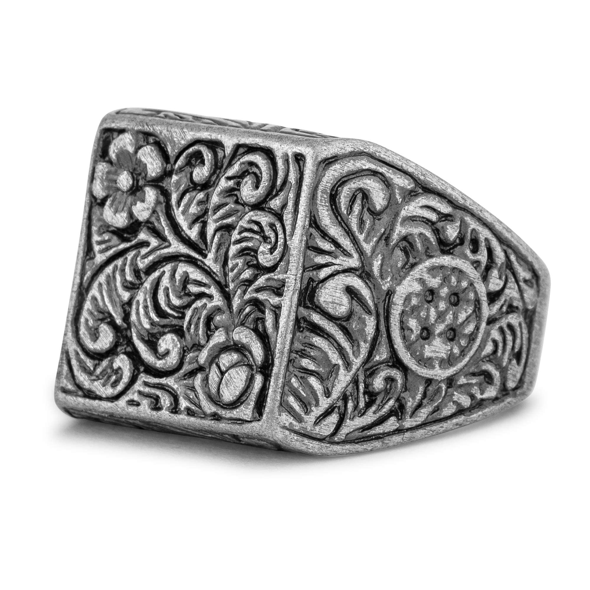 Akitsune Floris Anillo | Design-Anillo Mujer Hombre Acero Inoxidable Sello de Adorno Floral Grande - Antiguo Plata - US 10