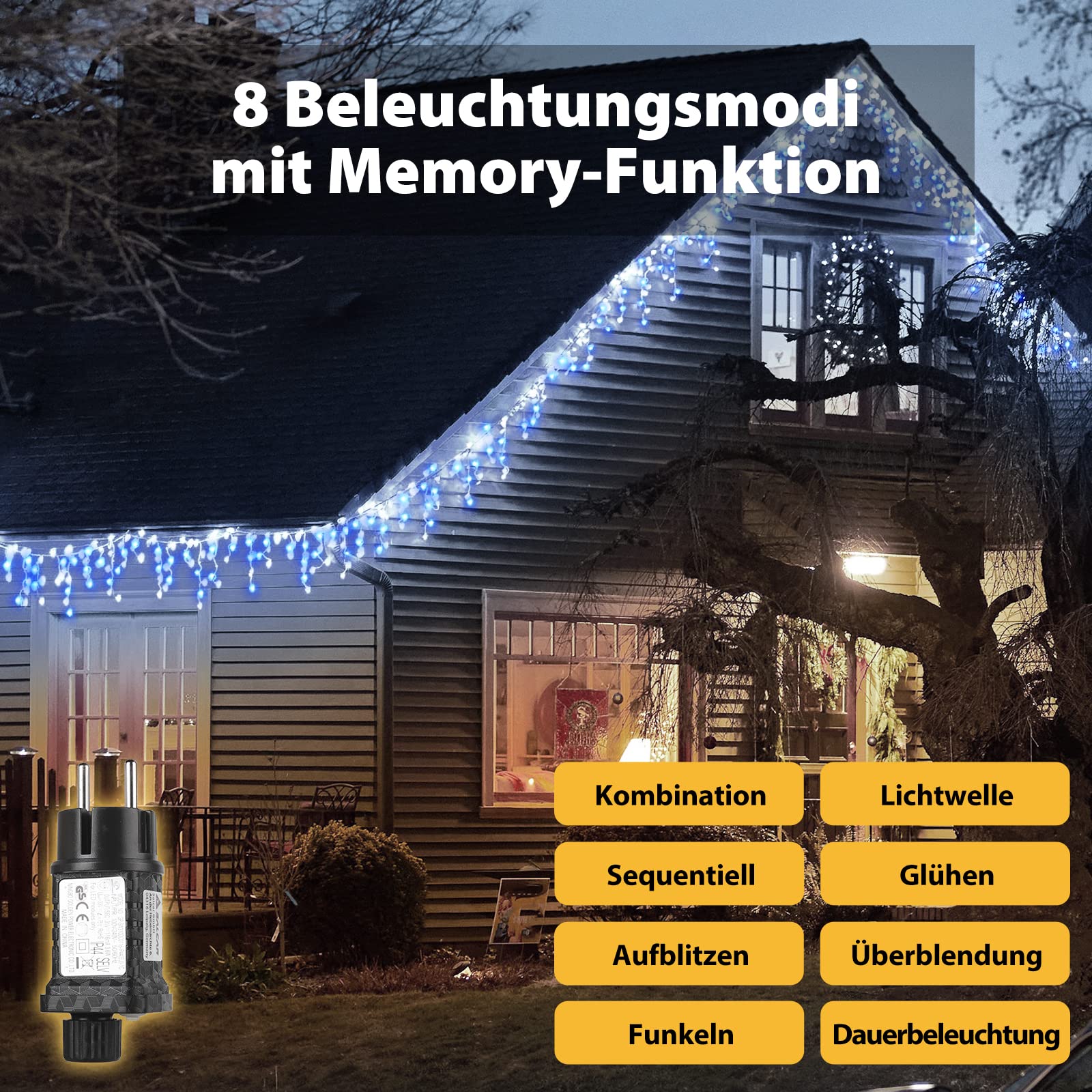 SALCAR Łańcuch świetlny LED, 5 m, do użytku na zewnątrz, do wnętrz, na Boże Narodzenie, oświetlenie bożonarodzeniowe, prąd 31 V, z 8 trybami oświetlenia i funkcją pamięci, niebiesko-biały