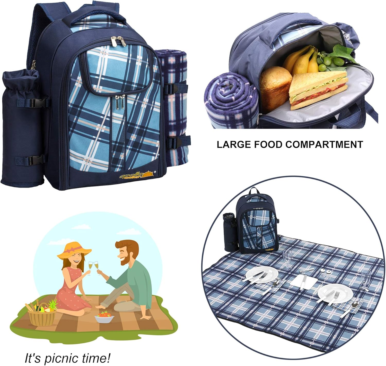 Apollo Walker Picnic Backpack Bag for 2 Person with Cooler Compartment, Detachable Bottle/Wine Holder, Fleece Blanket, Plates and Cutlery (Blue) - Image 6