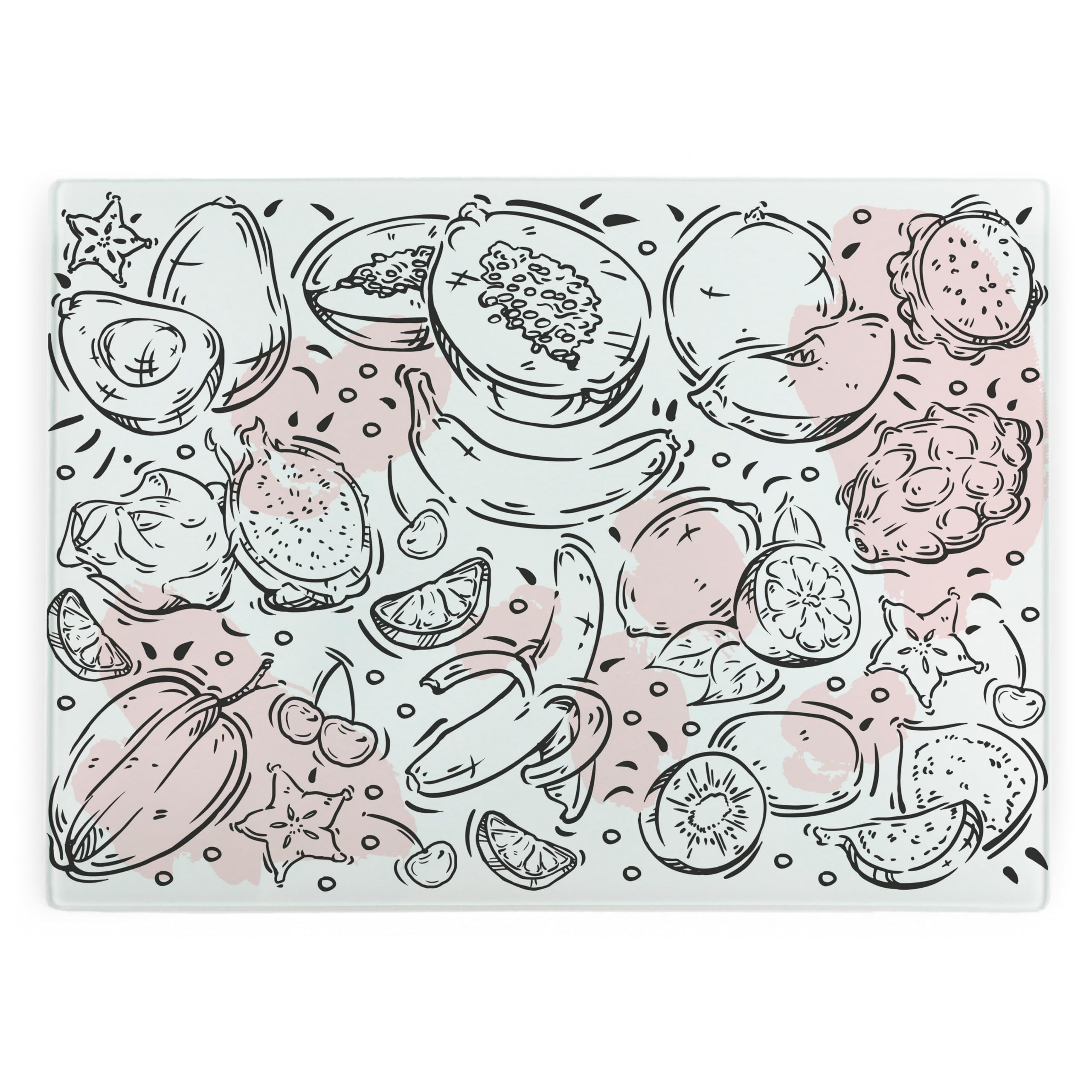 Exotic Fruit Themed Large Rectangular Glass Worktop Protector - Food Doodles Gifts - Pink Smooth Board Kitchen Chopping/Cutting Board Worktop Saver with Non-Slip Feet 39cm x 28.5cm (15" x 11")