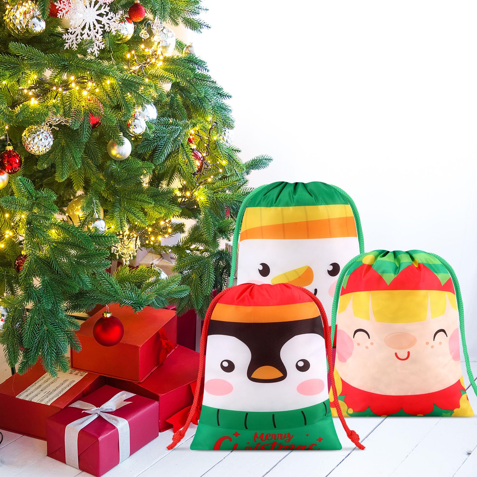 Xuniea 24 bolsas de regalo de Navidad con cordón, reutilizables, bolsas de regalo de Navidad, bolsas surtidas de regalos de Navidad para Navidad, Año Nuevo, fiesta de cumpleaños (estilo de dibujos