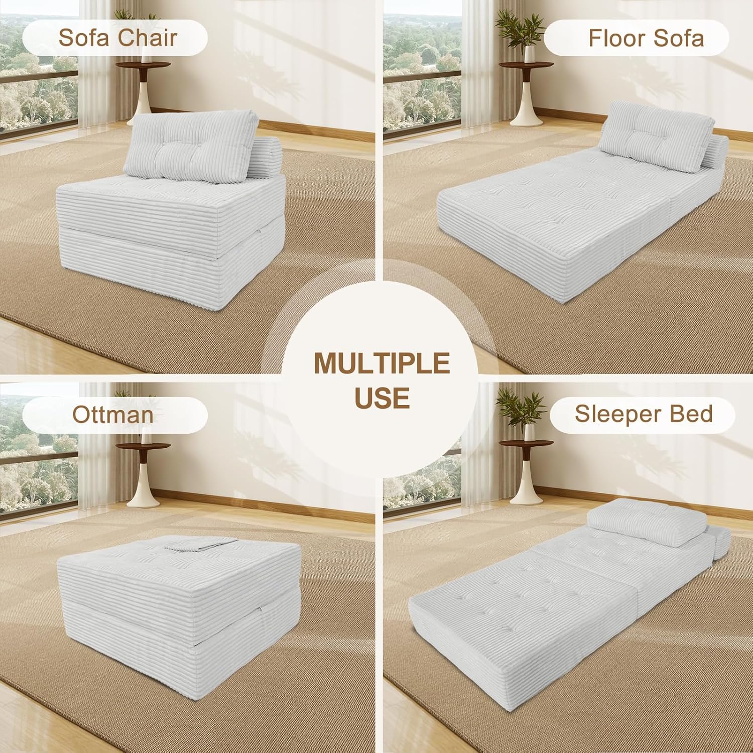 ANONER Folding Sofa Bed, Versatile Convertible Sleeper Chair with Pillow, Futon Fold Out Chair Bed, Memory Foam Chaise Lounge, Cozy Floor Couch for Living Room and Bedroom, Beige