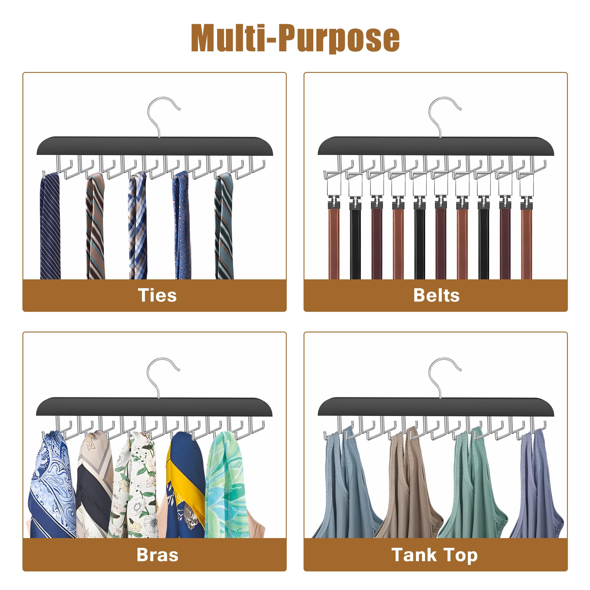 Percha para corbatas para armario, 2 en 1 con 20 ganchos plegables, organizador de corbata de madera giratorio de 360 grados para hombres, corbatas, cinturones, bufandas, camisetas sin mangas