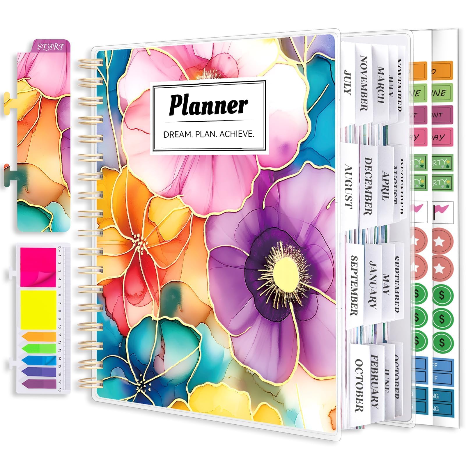 Undated Planner, Large 18 Months 7.9" x 9.8" Planner 2024-2025 Academic Daily Weekly and Monthly Yearly Agenda, Page Tabs, Separator Page, Pocket Folder, Bookmark, Stickers, Sticky Note Set