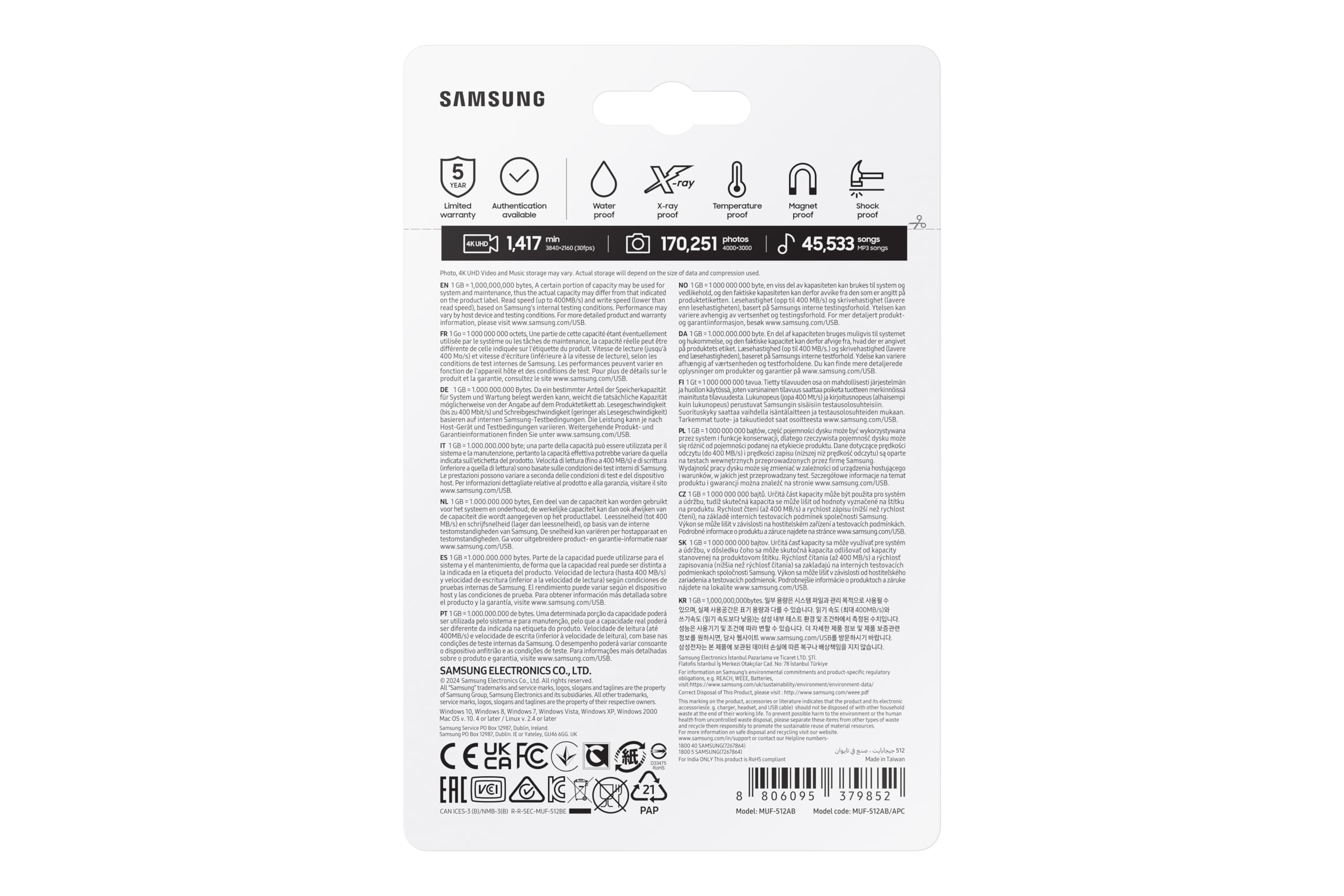 Samsung Clé USB FIT Plus, USB 3.2 Gen 1, 512 Go, 400 Mo/s en lecture, Compacte avec porte-clés, Couleur Grise, MUF-512AB/APC