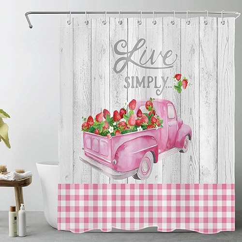 EOBTAIN Cortina de ducha rústica de fresa para baño, cortina de ducha rústica vintage sobre tabla de madera con 10 ganchos, juego de cortinas de