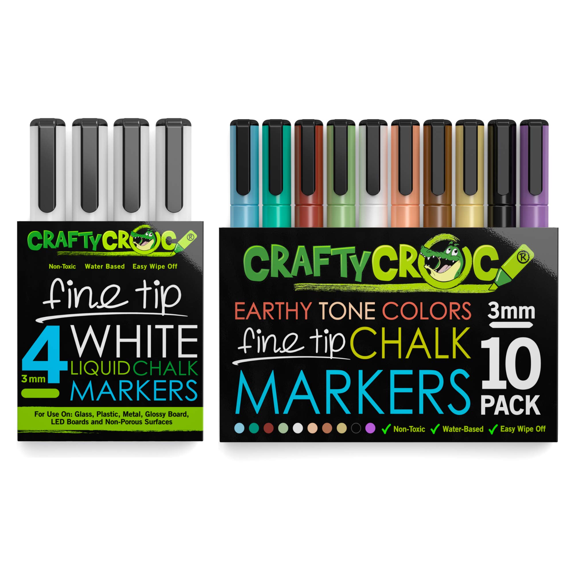 Crafty CrocFine Tip Chalk Markers Bundle, 4 Pack White and 10 Pack Earth Tone Liquid Chalk Pens Fine Tip