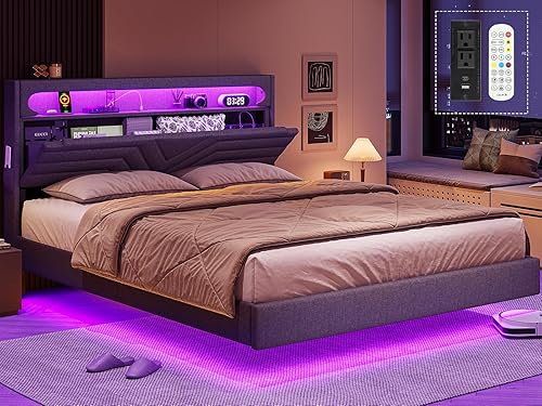 BTHFST Base de cama flotante tamaño matrimonial con cabecera de luces LED RGB, combo de alimentación USB-CA, cama tapizada de lino con cabecera de