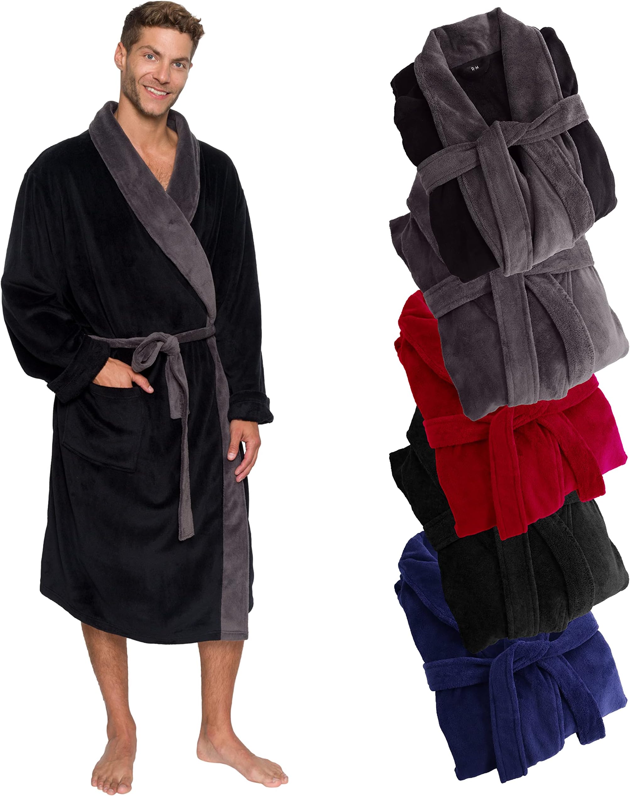 Mens Robe Shawl Collar Wrap Style - Mid Length Plush Fleece Bathrobe