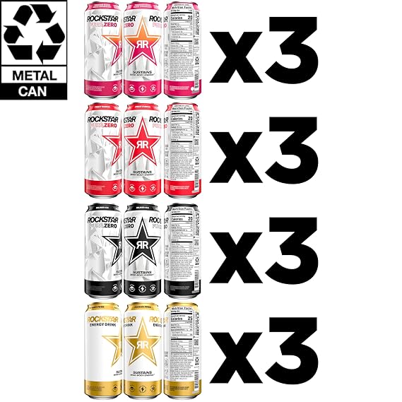 Rockstar Pure Zero Energy Drink,4 Flavor Pure Zero Variety Pack, 0 Sugar, with Caffeine and Taurine, 16oz Cans (12 Pack) (Packaging May Vary)