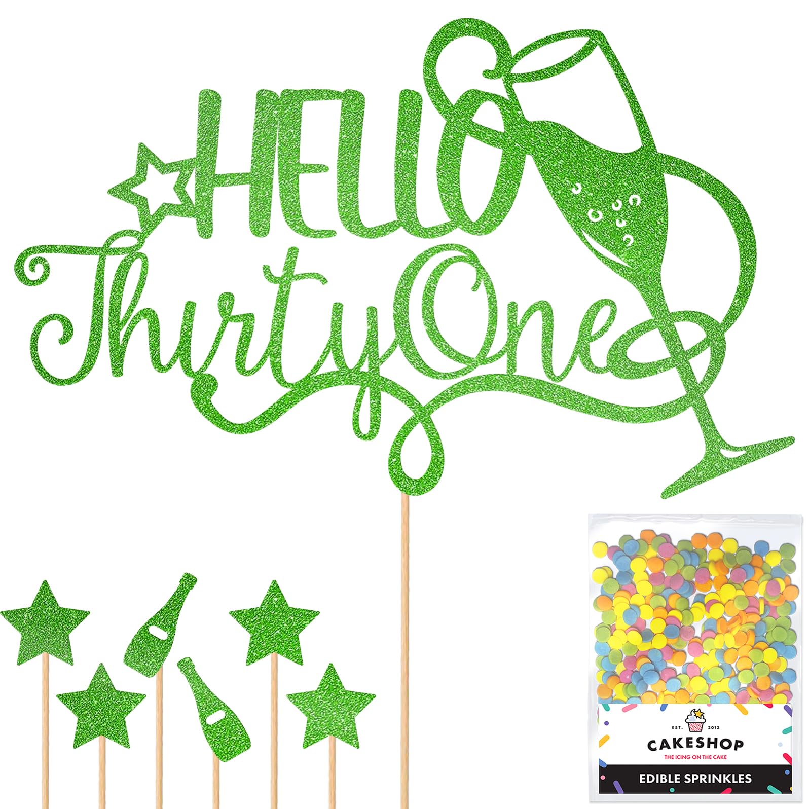 Personalised Champagne/Prosecco Flutes Glitter Cake Topper - Green Custom Age Glitter Cake Decoration and Sprinkles - Happy Birthday Decorations - Personalised Toppers for Cakes by Cakeshop — image 1