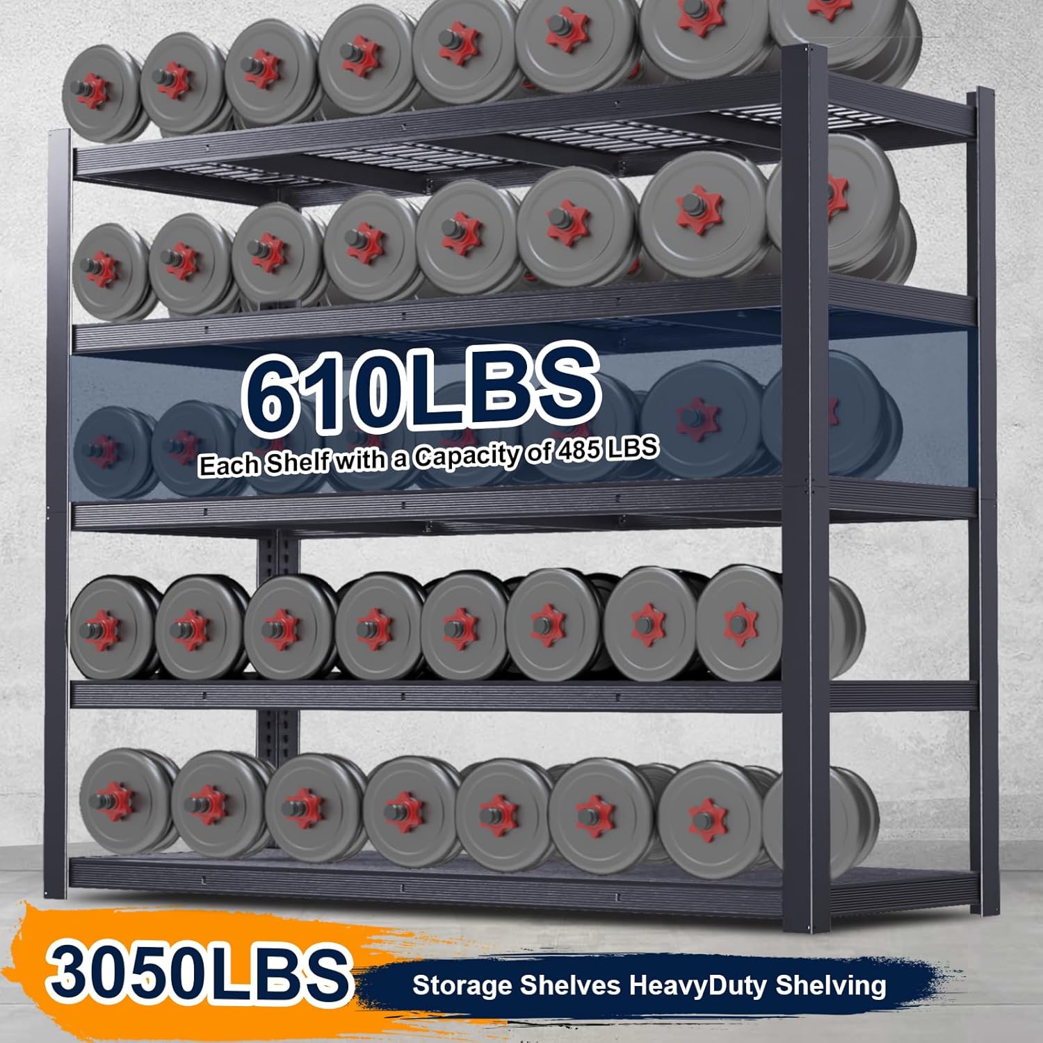Heavy Duty Storage Shelves 62" W, Metal Shelving Rack, Garage Storage Shelf, Black Adjustable Shelving Unit for Garage, Basement, Warehouse, Workshop 3050 lbs,62" W x 24" D x72 H