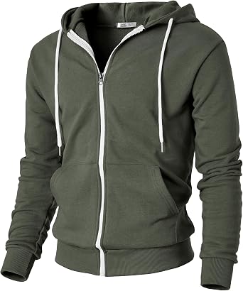 Ohoo Mens Comfort Fit Cotton 100% Soft French Terry Zip-Up Hoodie Midweight Hooded Jacket with Hidden Media Pocket