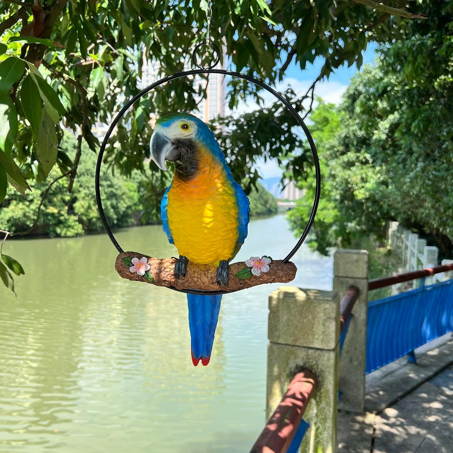 Tropical Macaw Hanging Ornament, 15 inches High Hand-Painted Resin Sculpture Home Decor Garden Patio Living Room Decor Gift (Blue and Red Wing)
