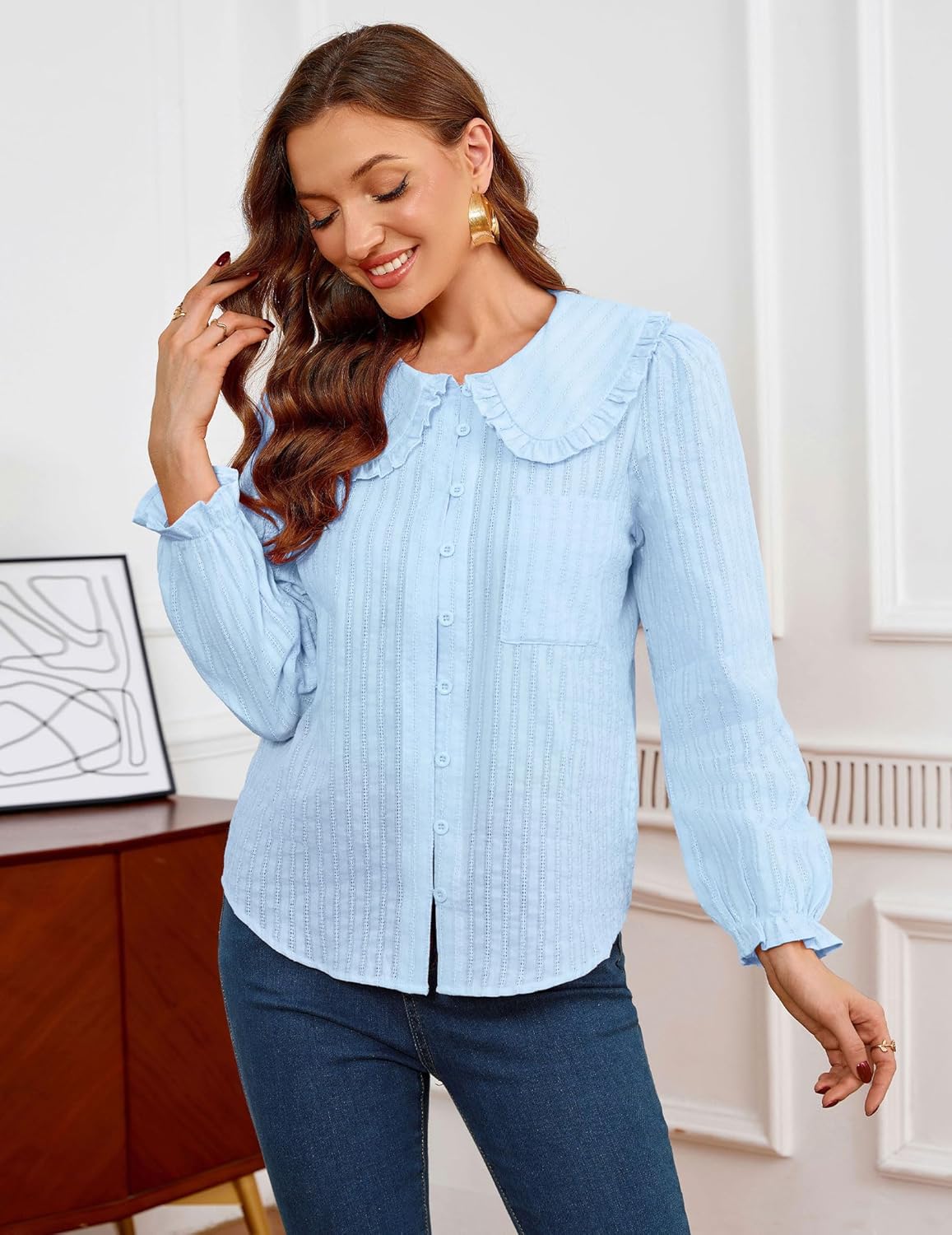 Women Spring Long Sleeve Shirts Peter Pan Collar Button Down Puff Sleeve Blouse Lightweight Casual Cotton Tops - Image 2