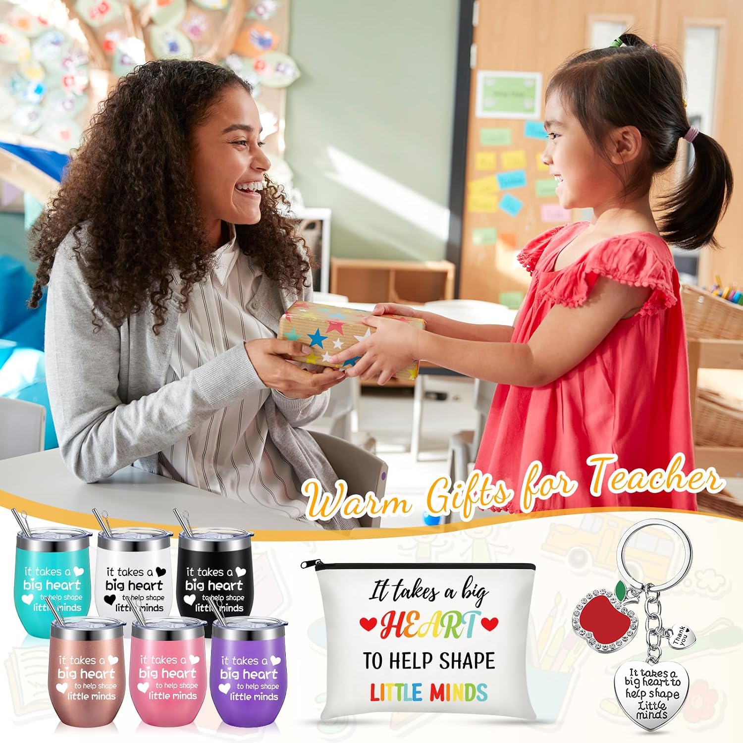 Umigy 18 Pcs End of Year Teacher Gifts Bulk 12 oz Teacher Tumbler Graduation Appreciation Gifts 6 Makeup Bag, 6 Apple Keychains, 6 Travel Mug Cups for Women Thank You Staff Daycare Sunday School