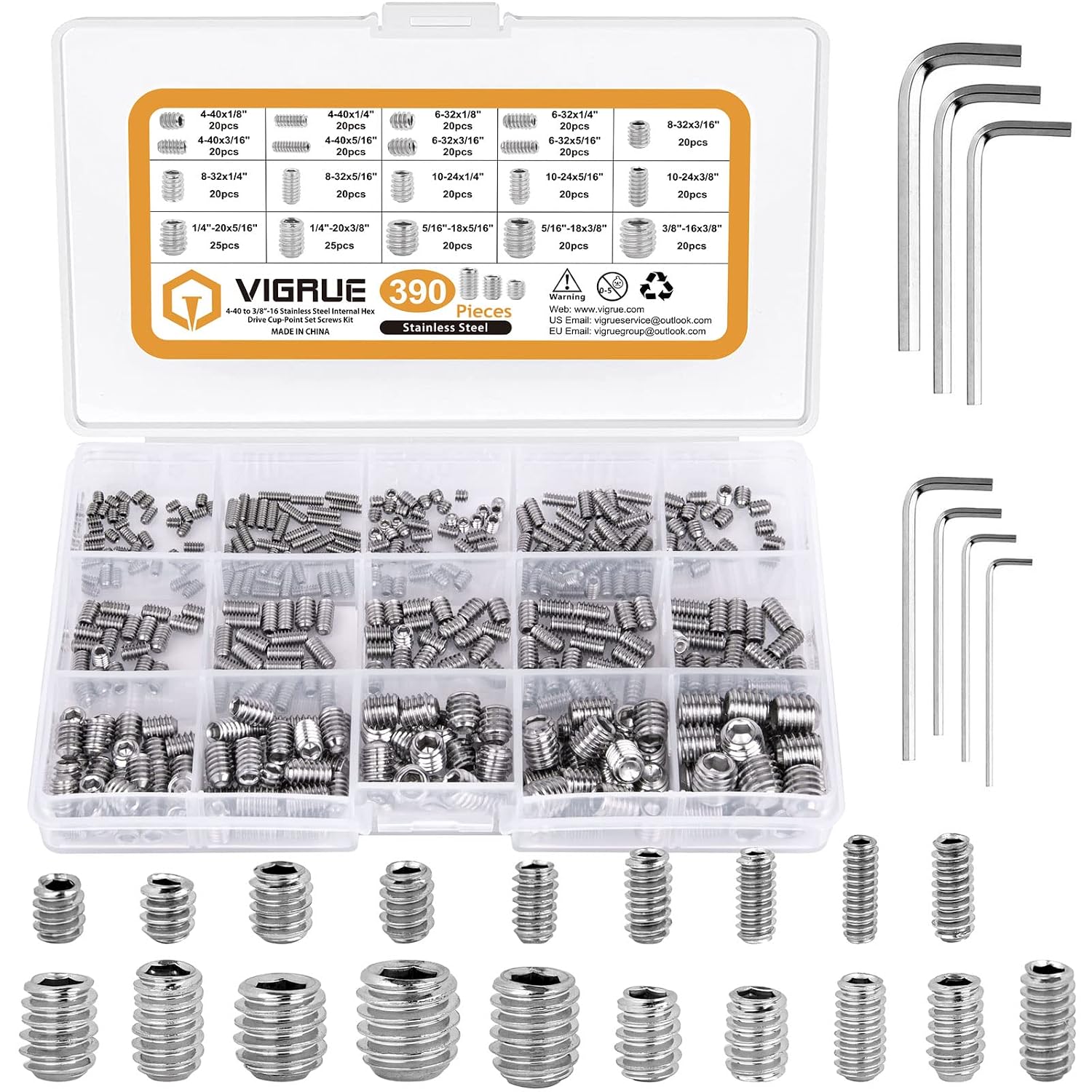 VIGRUE 390PCS #4-40 to 3/8-16 Set Screws SAE Hex Allen Head Socket Grub Screw Bolts Assortment Kit, 304 Stainless Steel Internal Hex Drive Cup-Point Screws, 19 Sizes Total