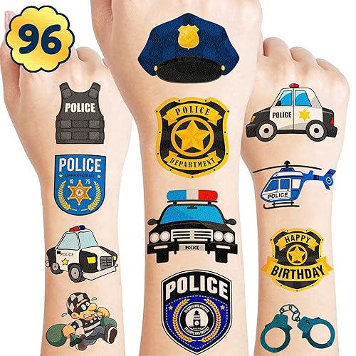 Miniatura 1 de Tatuajes de oficial de policía temática temporal decoración de fiesta de cumpleaños suministros de decoración lindas calcomanías de tatuaje 8 hojas