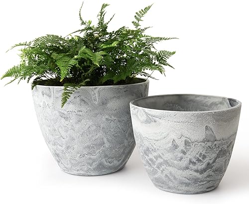 LA JOLIE MUSE Macetas de Flores para Exterior Jardineras de Jardín, Macetas de Interior con Agujeros de Drenaje, Plástico, Patrón de Mármol Gris,