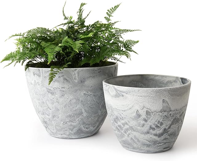 LA JOLIE MUSE Flower Pots Outdoor Garden Planters, Indoor Plant Pots with Drainage Holes, Plastic, Marble Pattern Grey, Set 2(19+22 cm)