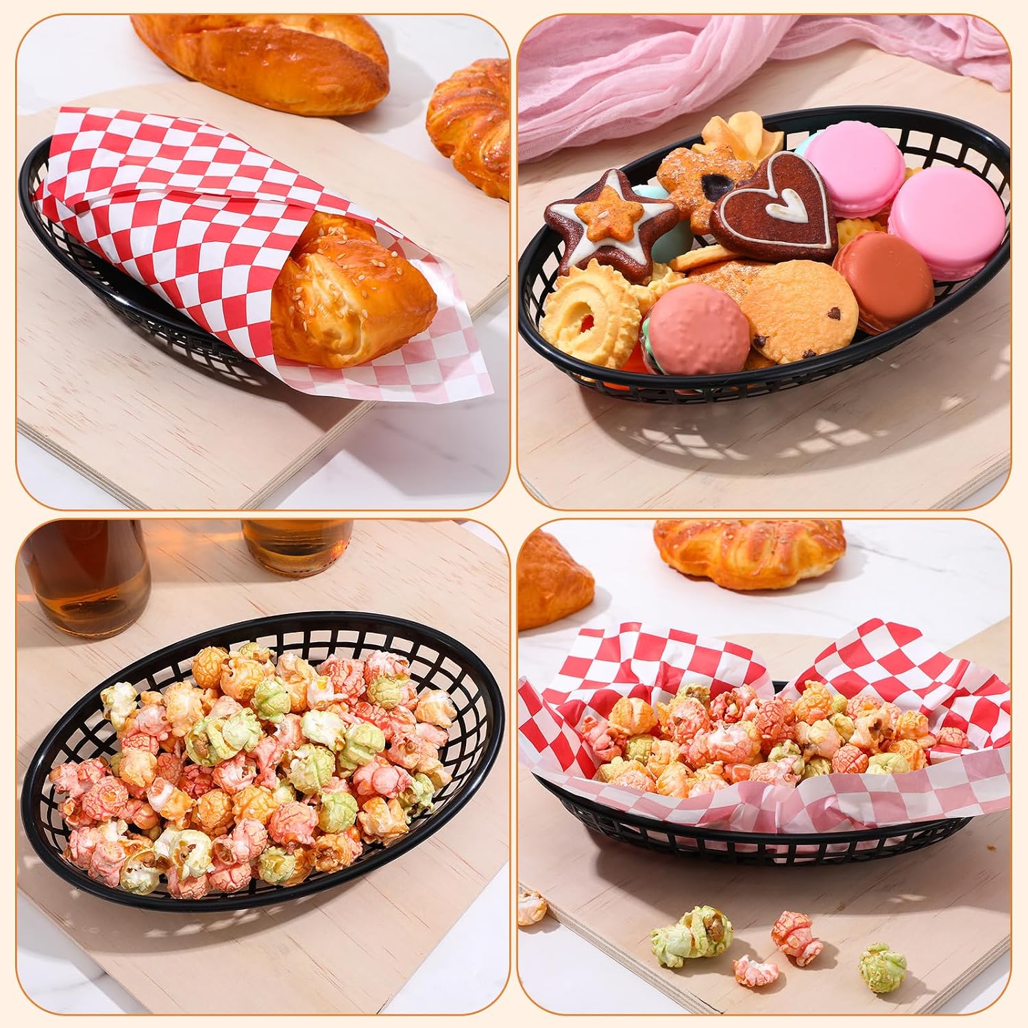 100 Pack Fast Food Baskets, Reusable Oval Chip Tray Restaurant Fry Food Serving Basket for Burgers Picnic Sandwiches Snacks Candy Fruits, 8.9 x 5.5 Inch(Black)