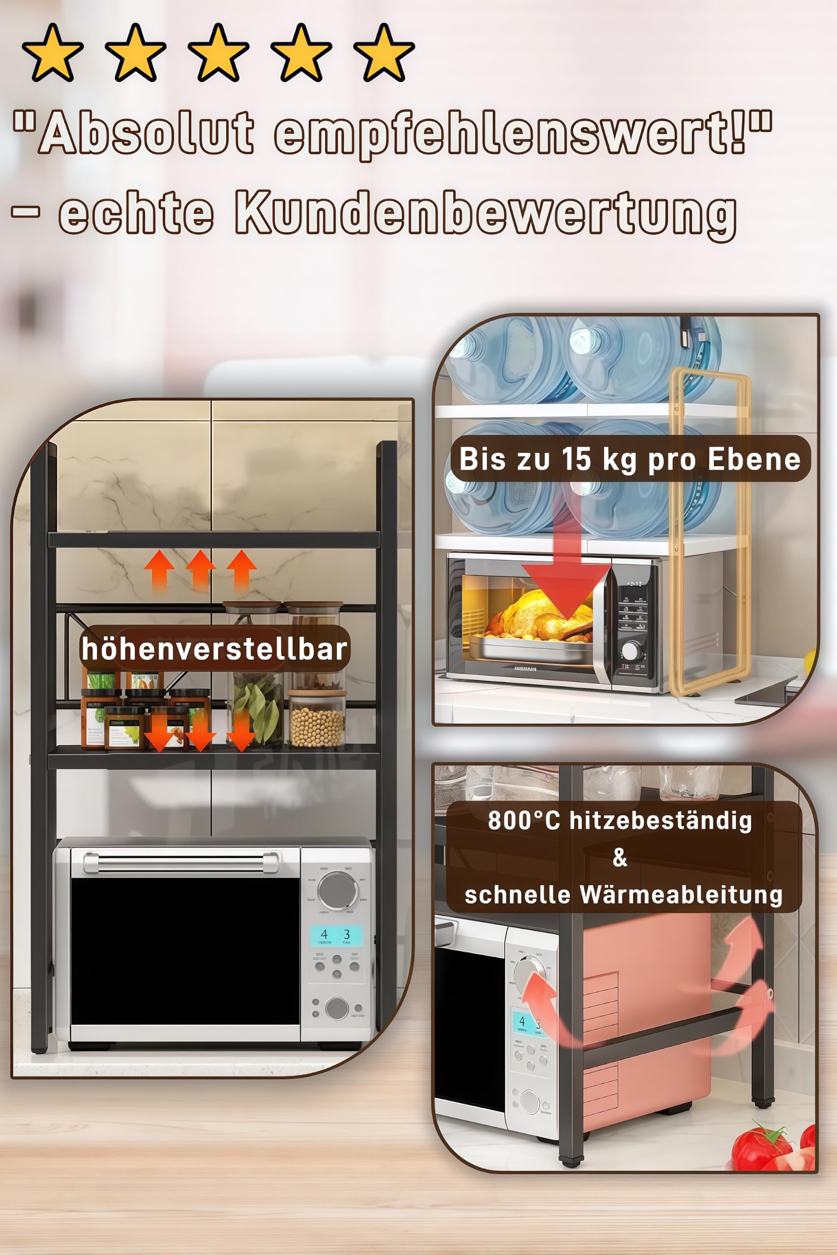 Mikrowellenregal 3 stufig ausziehbar Höhenverstellbarer Mikrowellenständer (40-64cm) ohne Bohren mit 6 Haken, Kohlenstoffstahl für Backofen, Kaffeemaschine & Airfryer