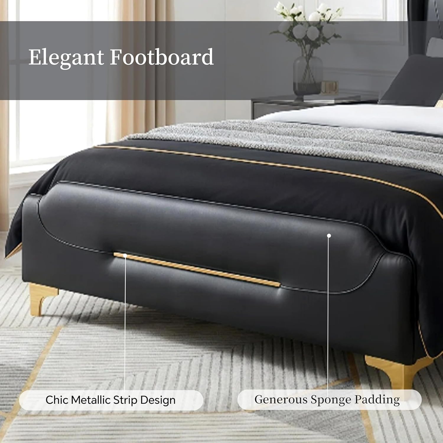 Queen Size Modern Leather Bed Frame with Wingback Headboard & Footboard, PU Upholstered Platform Bed, Solid Wood Slats Support, No Box Spring Needed, Easy Assembly (Black, Queen Size)