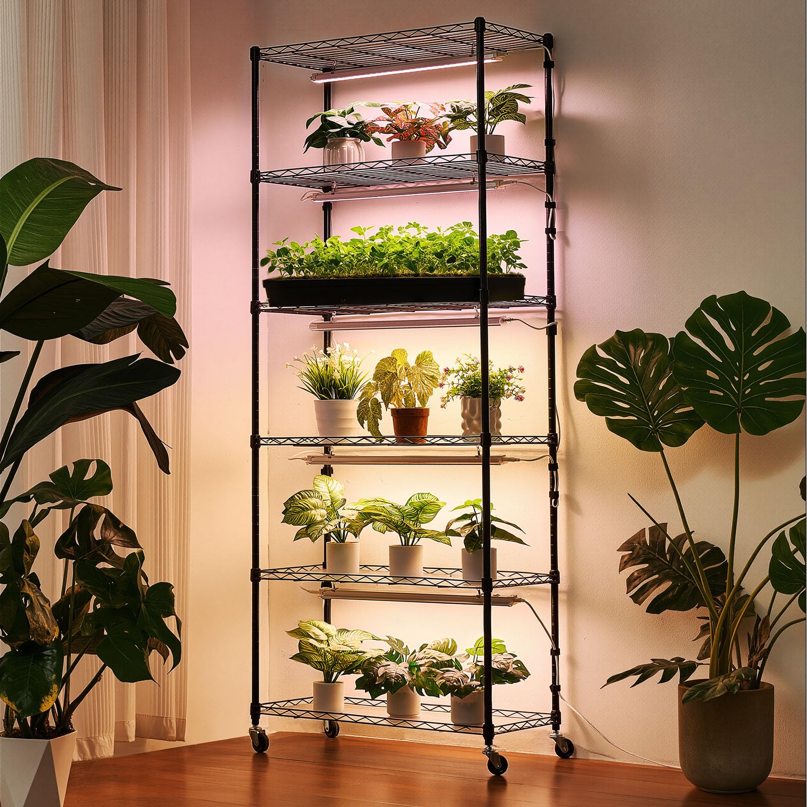 VEVOR Pflanzenregal mit Wachstumslicht, 6-stufiger Pflanzenständer mit Rädern und 4/9/14-Stunden-Timer, 150 W 3-Farben-Vollspektrum-Lichter, Blumenregal für die Samenanzucht, 75x35x180 cm