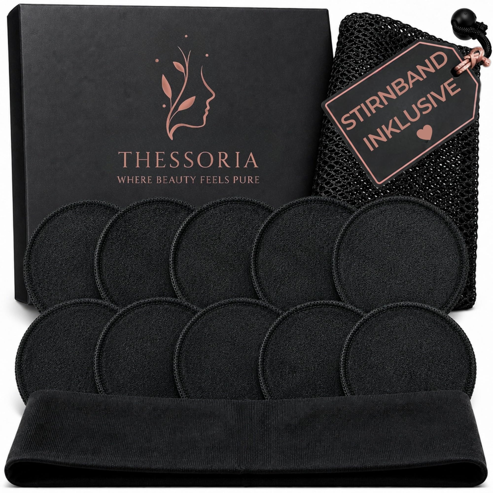 Abschminkpads Waschbar – 10 Wiederverwendbare Wattepads aus Bambusviskose mit Waschbeutel & Stirnband | Make-Up Remover Pads | Abschminkpads Schwarz | Geschenkset