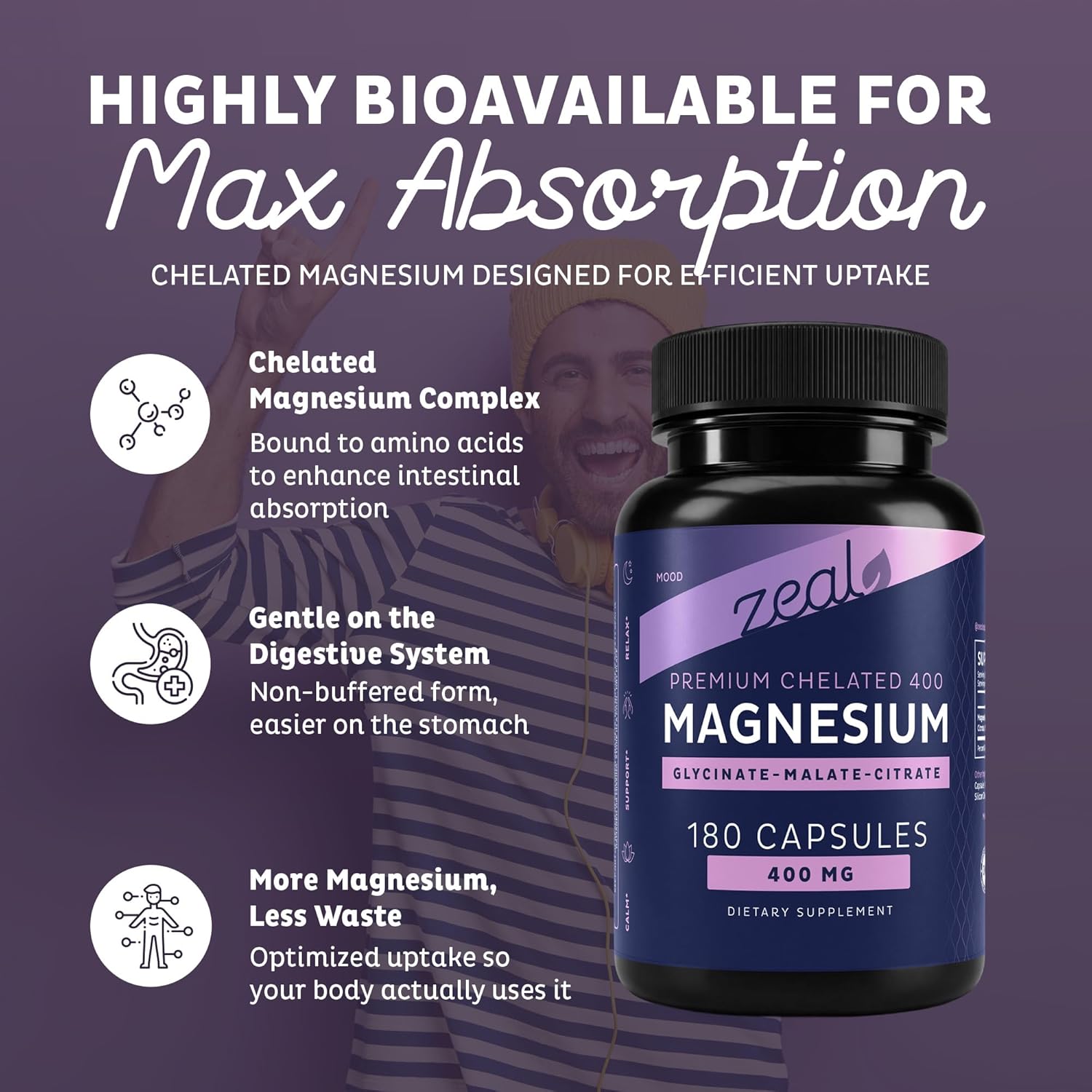 Zeal Naturals Triple Magnesium Complex Supplement - Glycinate, Malate, Citrate | 400mg, 180 Capsules | High Absorption Chelated Magnesium for Sleep, Mood, Muscle Recovery, Relaxation - Image 6
