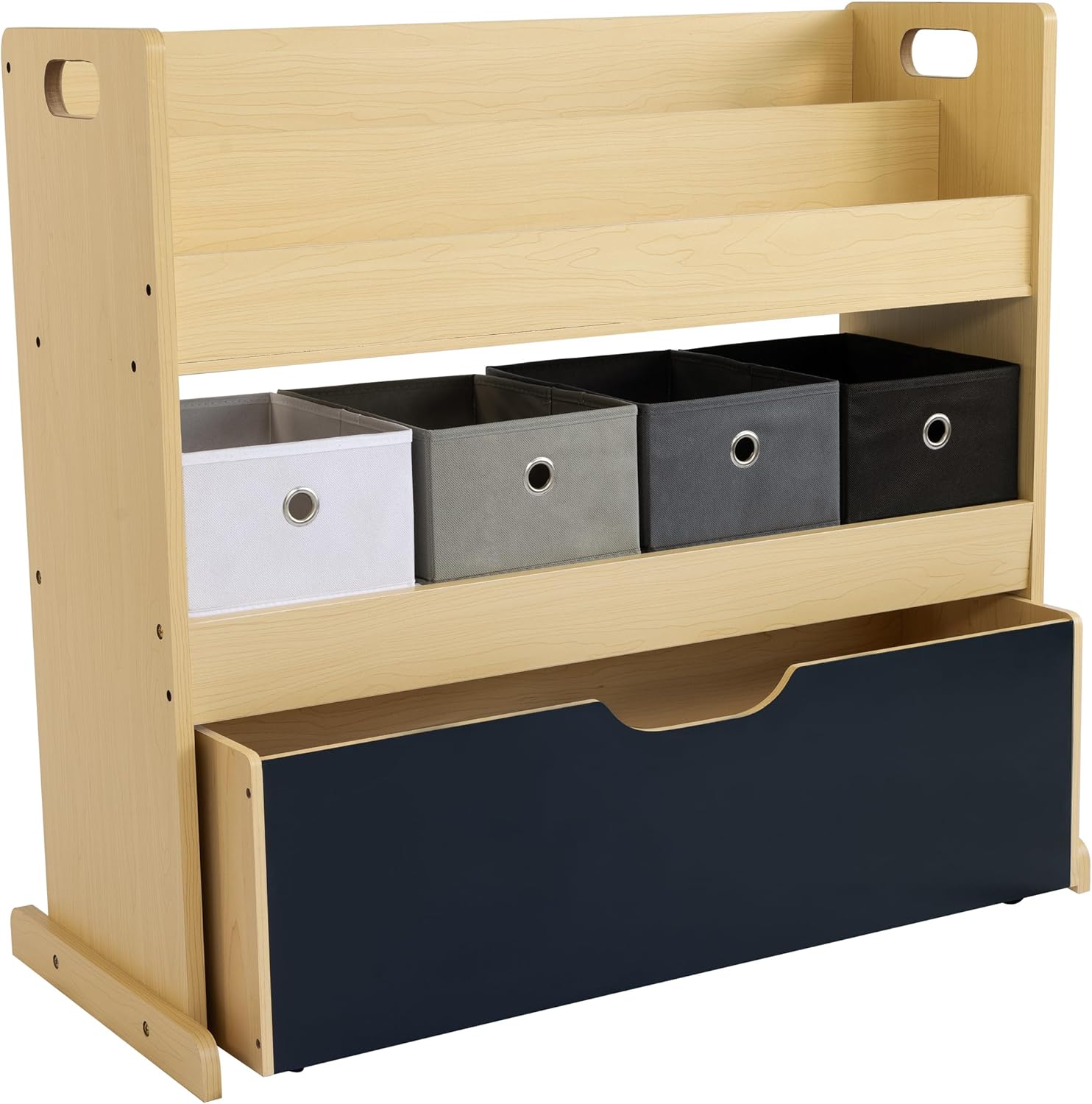 Humble Crew Dalton Toddler 3-in-1 Toddler Sized Storage Organizer with Rolling Chalkboard Toy Box, Fabric Bins, Natural/Black/White/Grey