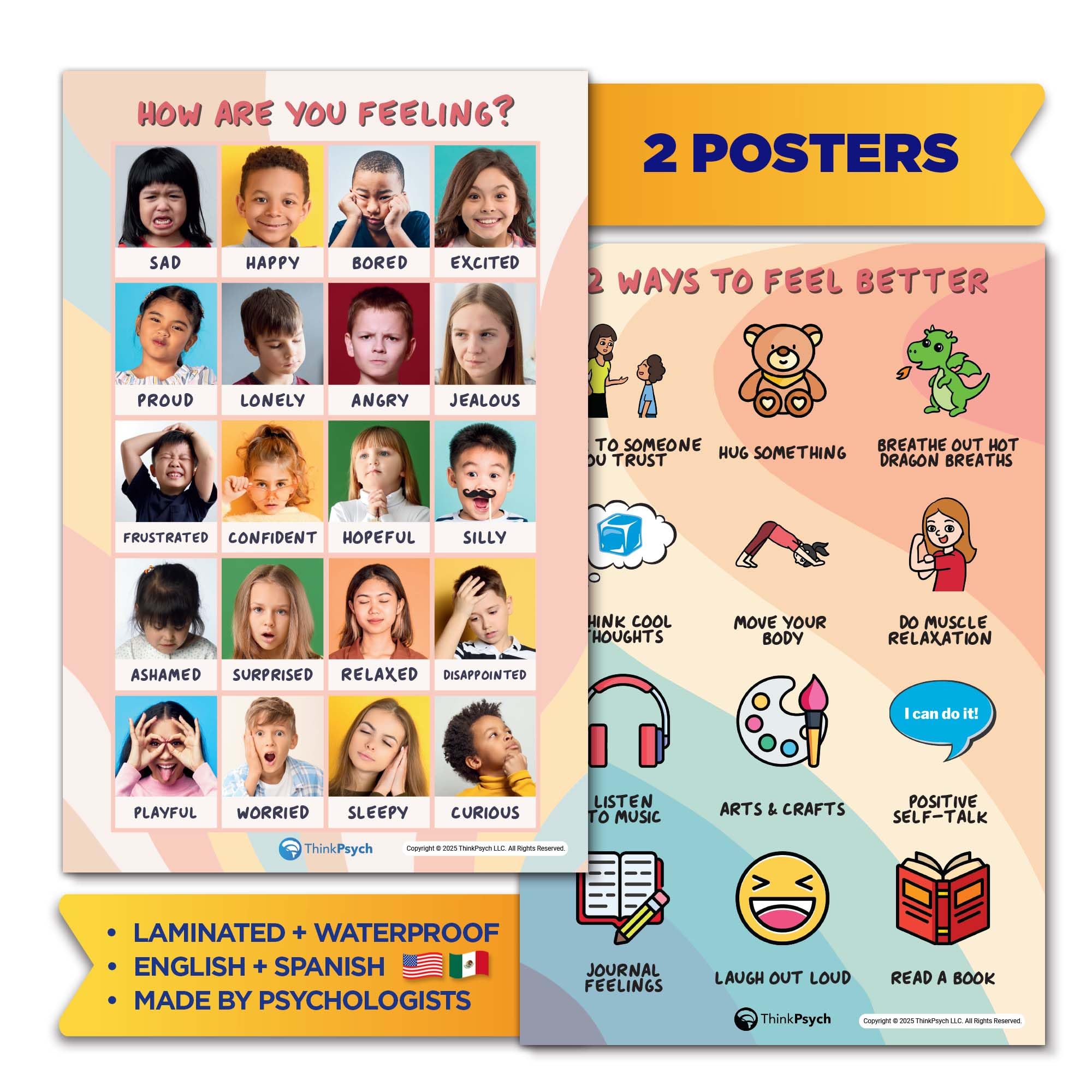 ThinkPsych 2 Laminated Feelings Posters for Kids - English & Spanish - Calm Down Corner Supplies - Therapy & School Counselor Supplies - Emotions Posters for Home and Calming Corner Classroom