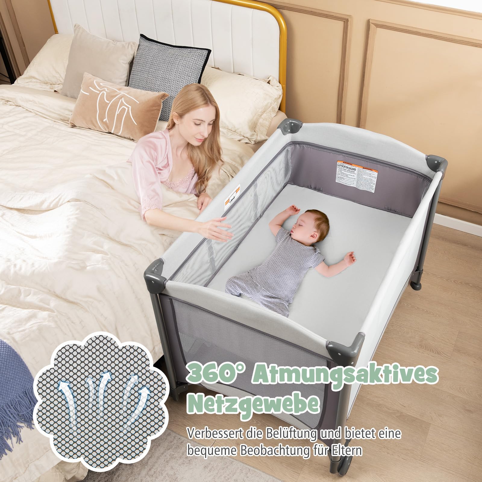 DREAMADE 5 in 1 Reisebett Baby mit Matratze, 110 x 78 cm Beistellbett mit Wiege & Wickelauflage, Babybett Komplett Set für Neugeborene & Baby bis 36 Monate (Grau)
