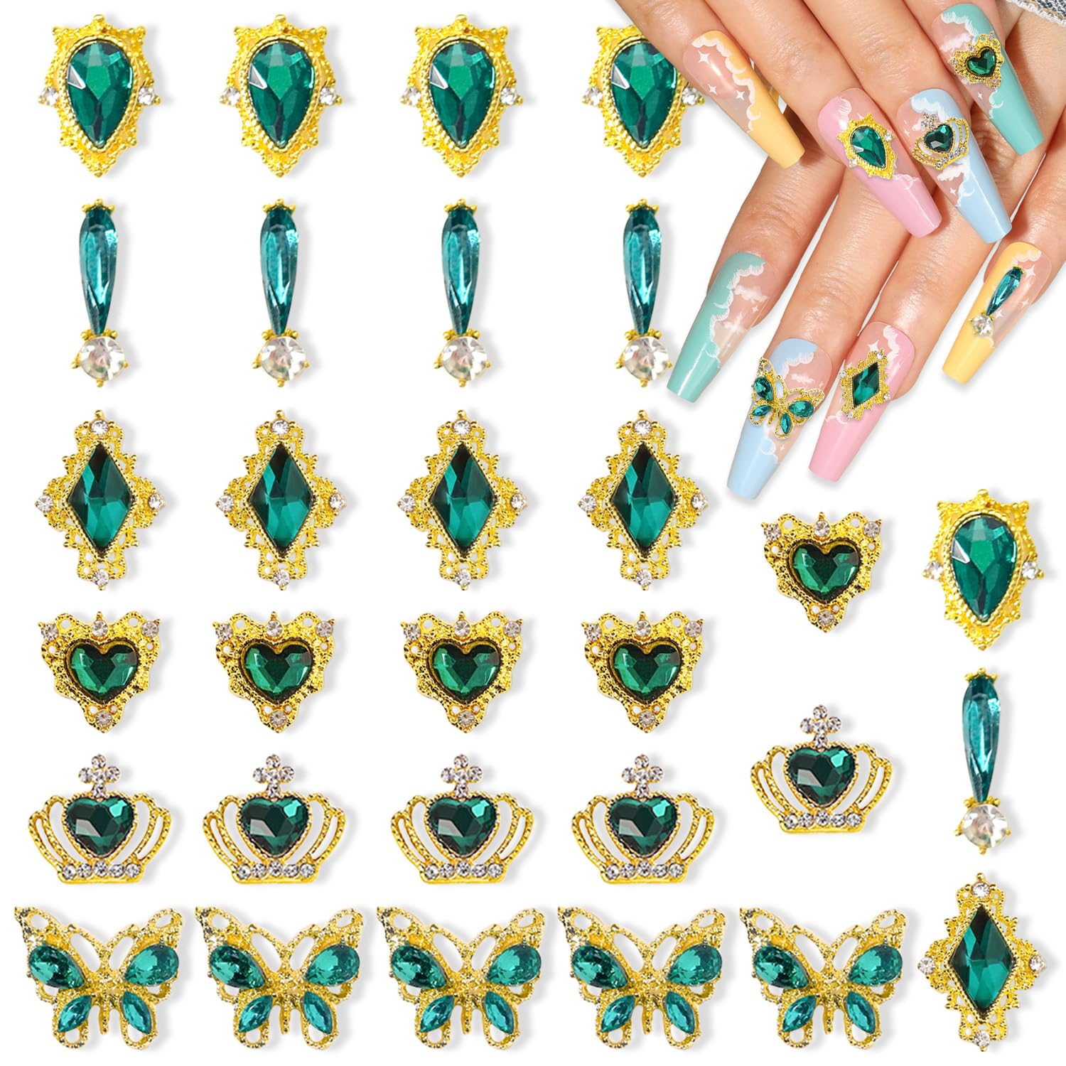 WOKOTO 30pcs Green Crystal Nail Art Jewels, Heart Butterfly Drops Green Nail Rhinestones Luxury Charms, Emerald Heart Charms for Nails 3D Big Nail