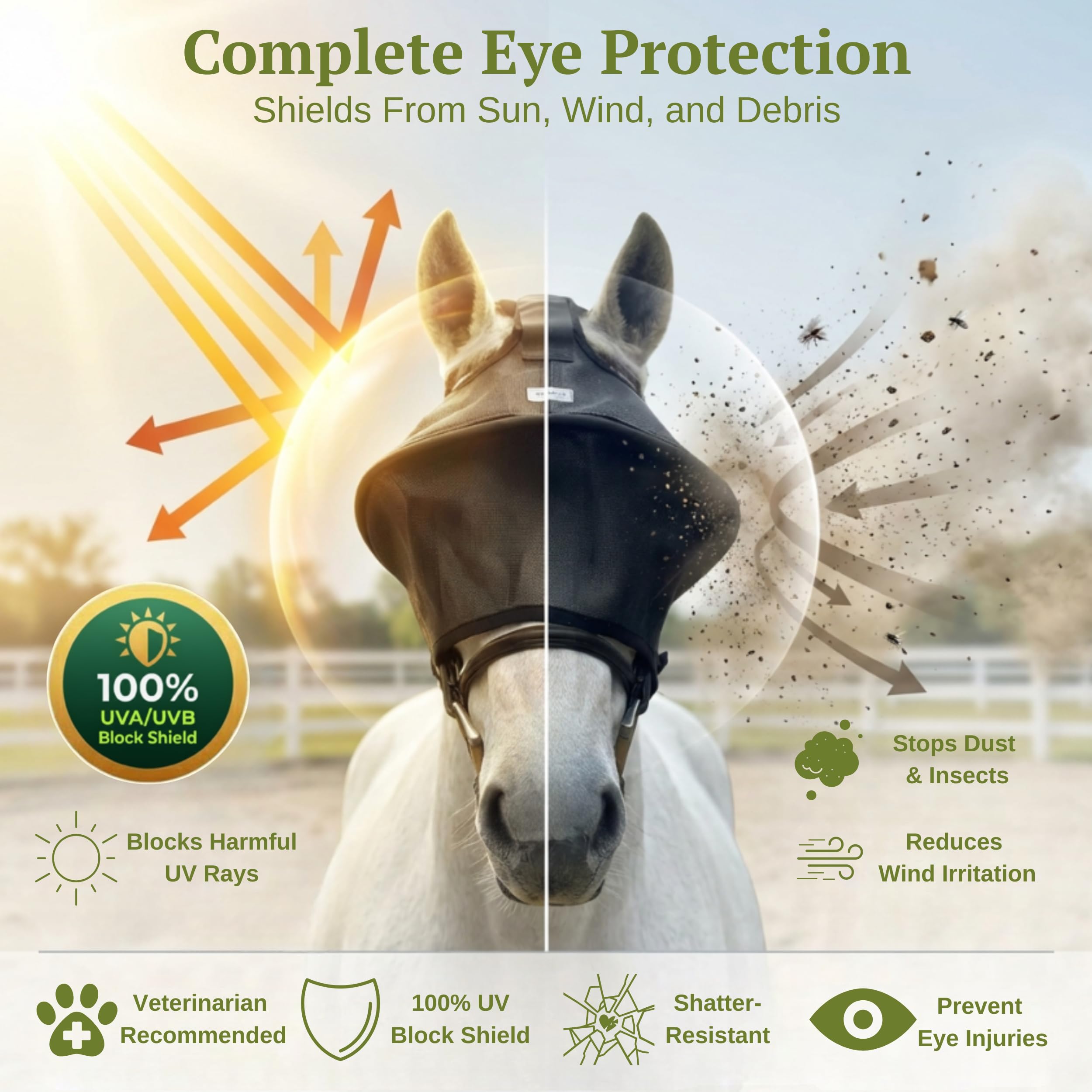 Visera de equitación y recuperación: ajuste ajustable, visera UV integrada reforzada, 100% protección UV para los ojos, transpirable, correas para cabestro o brida