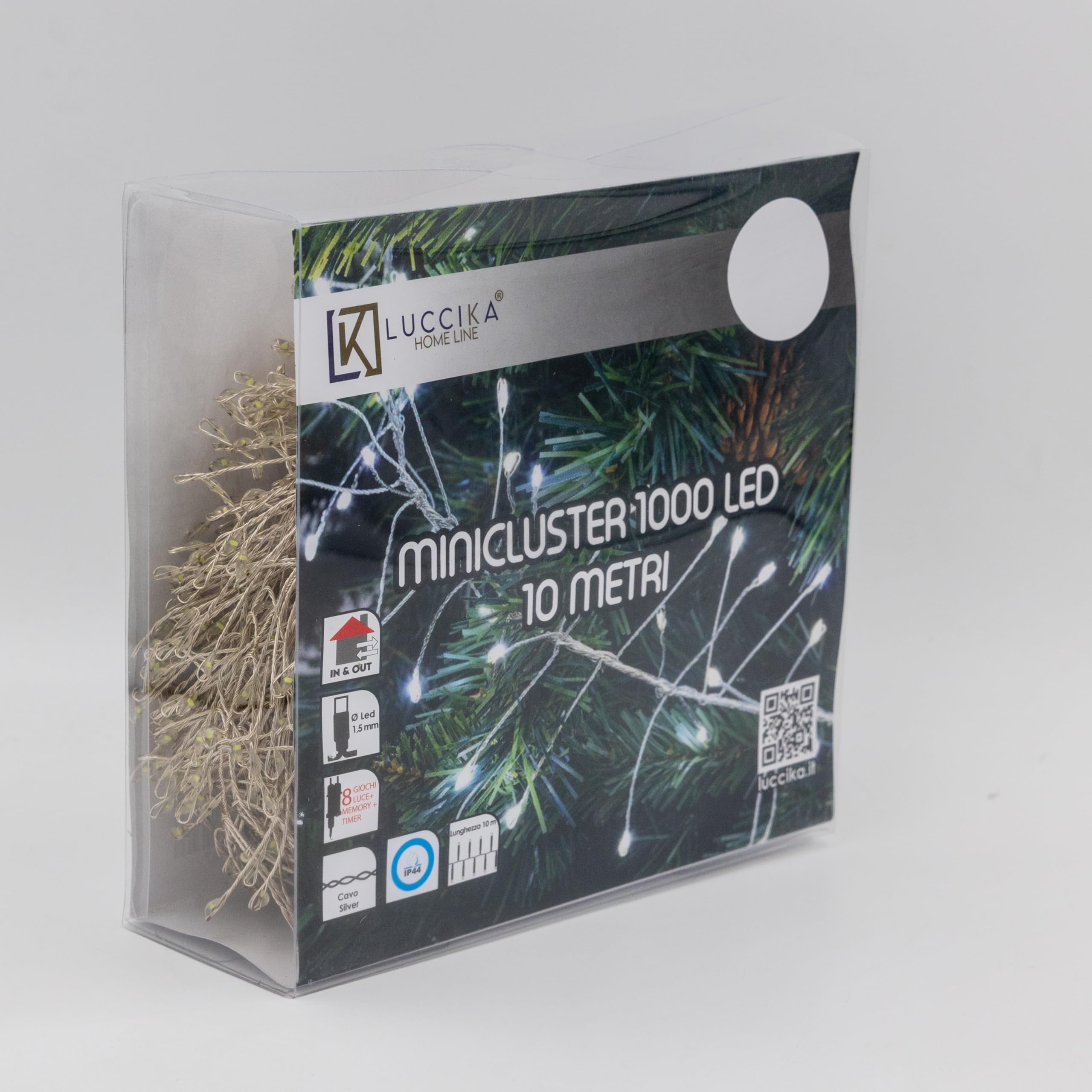 Luccika Guirlande Lumineuse de Noël en Métal, Micro-LED Cluster, 8 Modes d'Éclairage, Décoration Intérieure Extérieure pour Sapin de Noël (Câble argenté blanc glacé, 10M 1000LED)