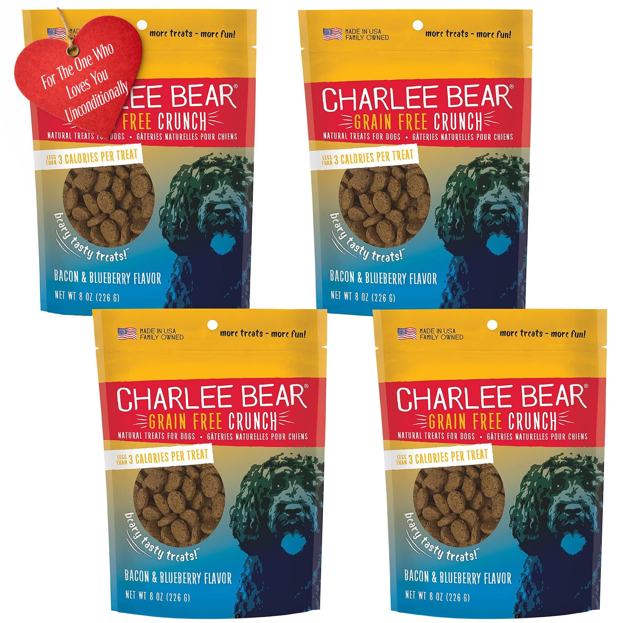 Charlee Bear Dog Treats Small Dogs Training Treats Crunchy Low Cal, Grain Free Canine Snacks, USA, Puppy Training Biscuits, Bacon & Blueberry, 4 Pack,