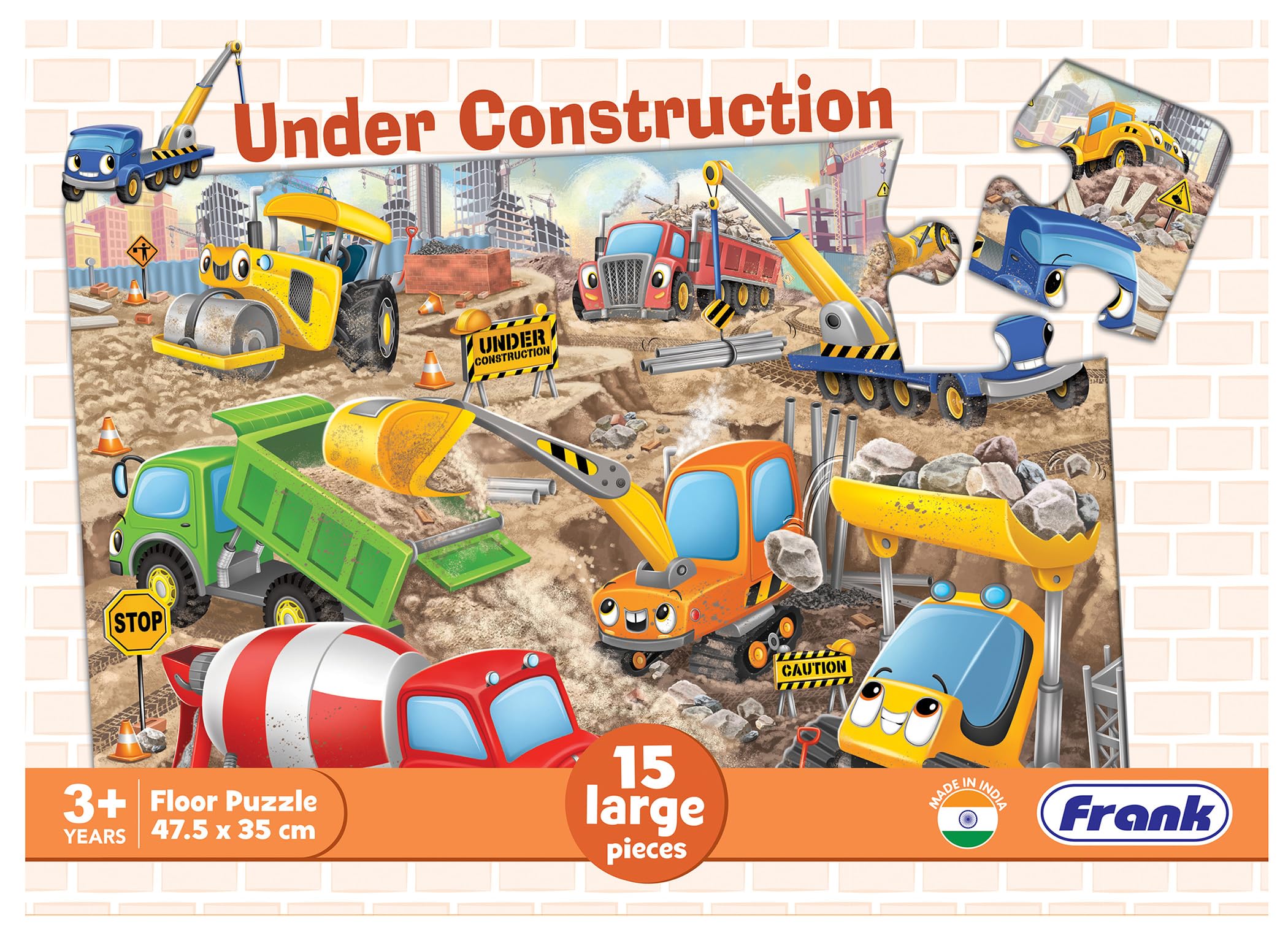 Frank Under Construction Site Floor Jigsaw Puzzle for Kids | Kids Games & Educational Toys | Puzzles for Kids for Age 3, 4, 5, 6, 7 | Boosts Motor Skills & Imagination | Gifts for Girls & Boys- 15 Pcs