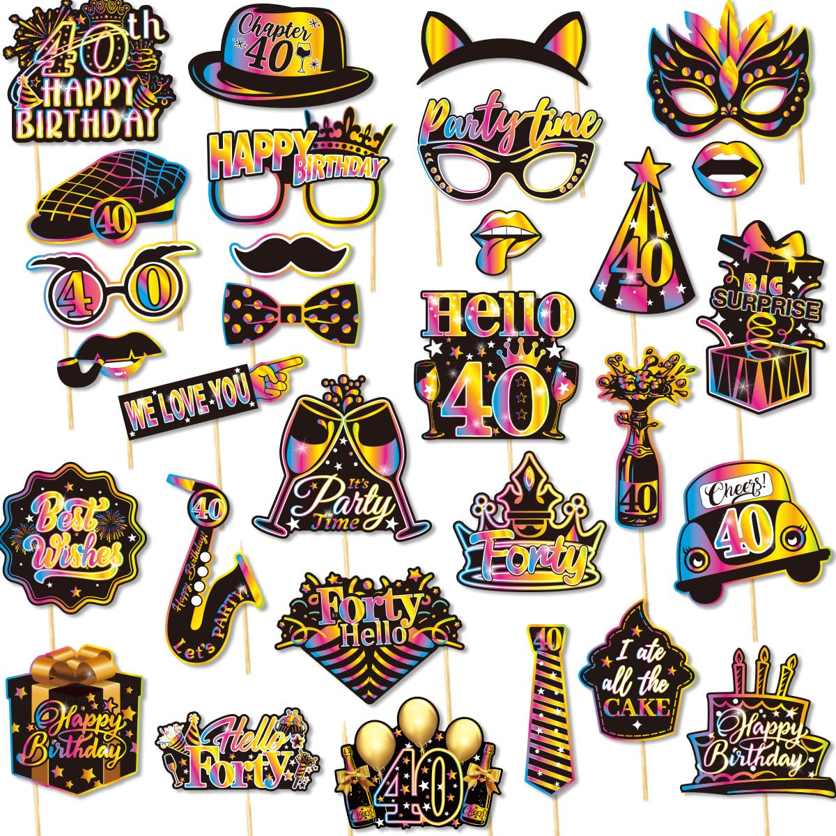 VGRDTW 40th Birthday Decorations Women Men - 30 Pieces Black Gold Photo Booth Props, Personalised Funny DIY Selfie Frame Glasses Moustache Bows for Photobooth Party Supplies Selfie Props Kit