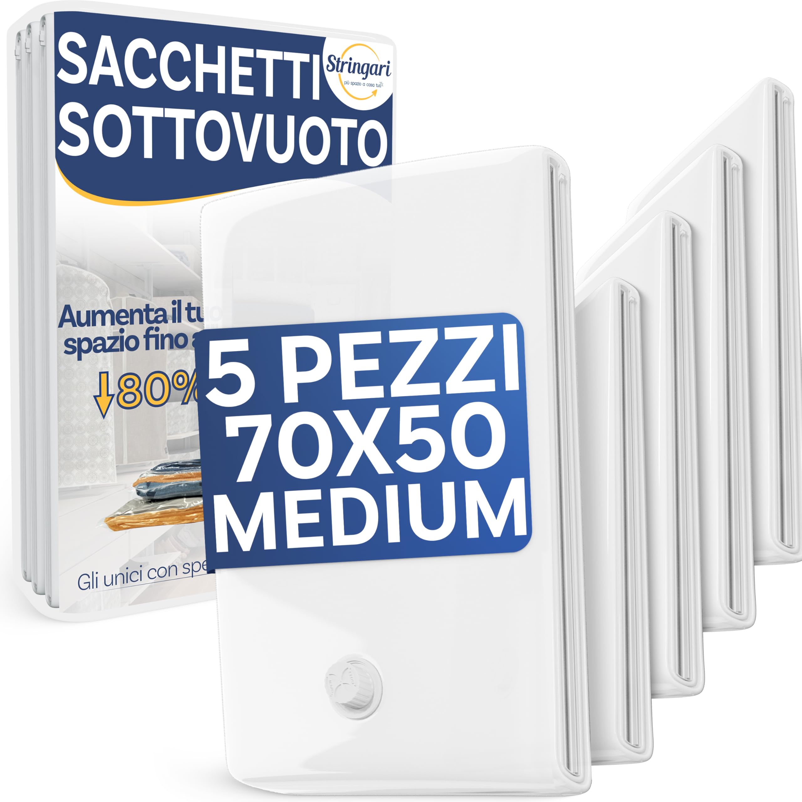 Stringari 5 Sacchi M 70x50 - Sacchetti Sottovuoto Vestiti - Buste di Qualità Superiore per Piumoni
